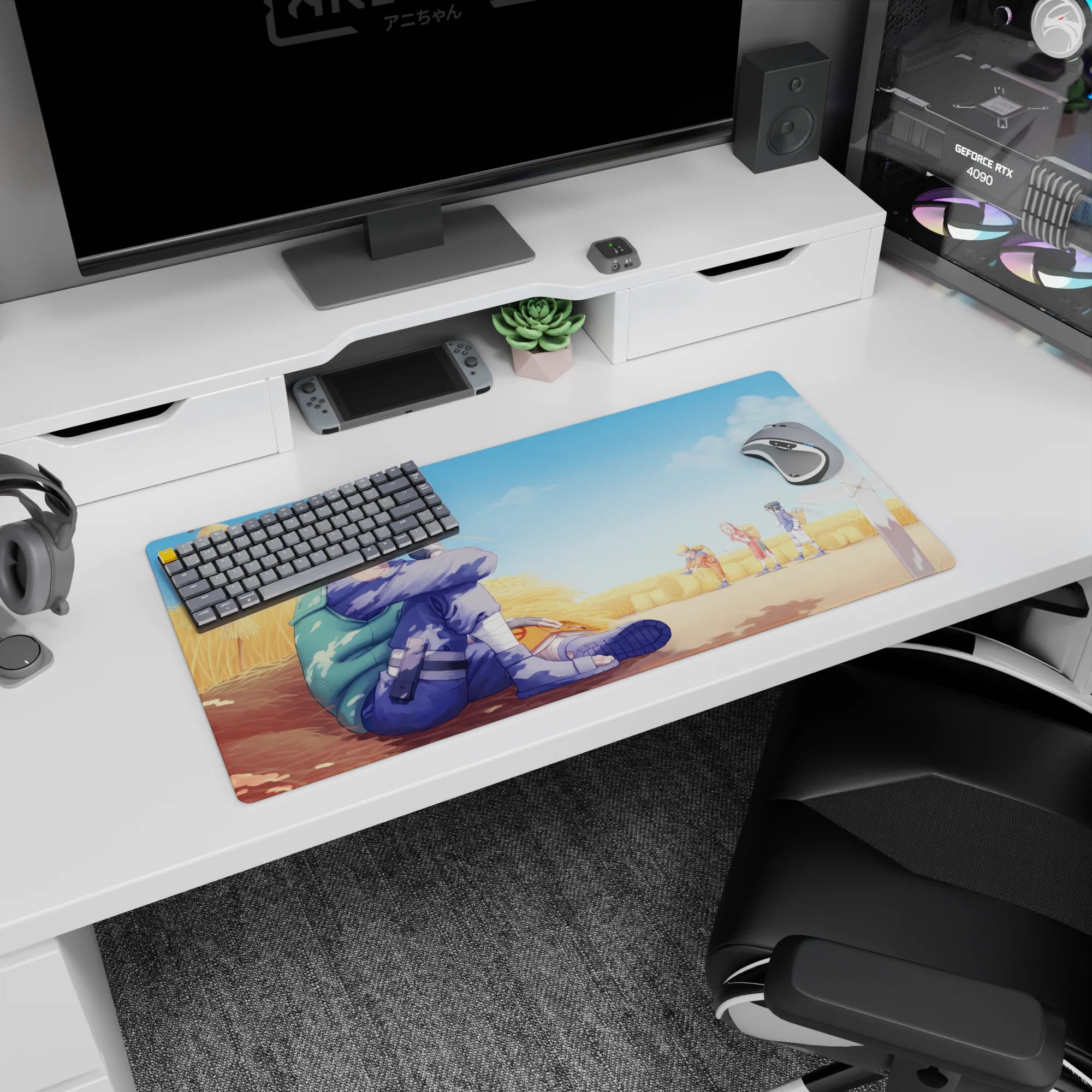 Anime mouse pad 32x16 inches featuring Kakashi Hatake watching Team 7 in a sunlit field, nostalgic watercolor tones.