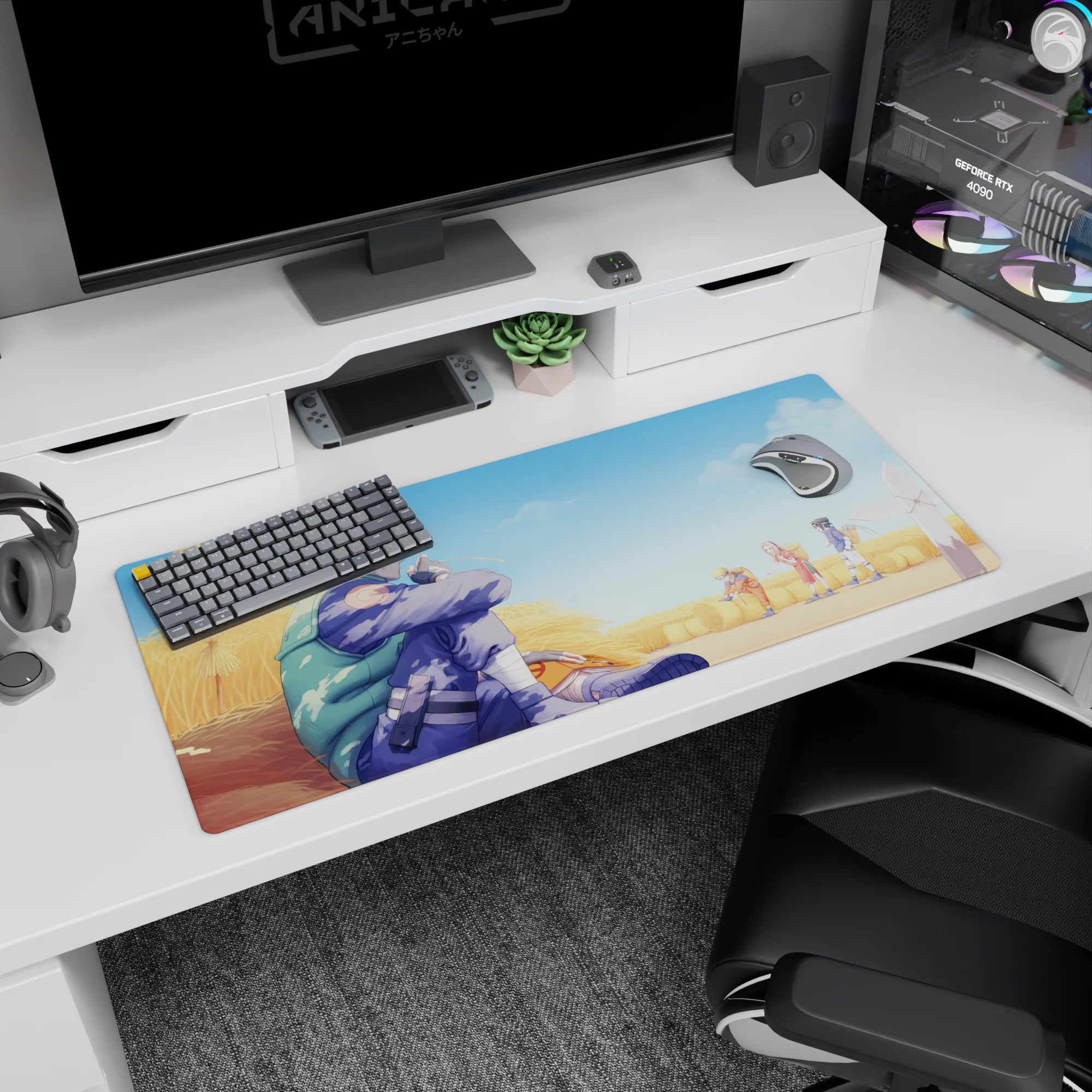 Anime desk pad 36x16 inches featuring Kakashi Hatake in a wheat field with Team 7 from Naruto in soft golden hues.