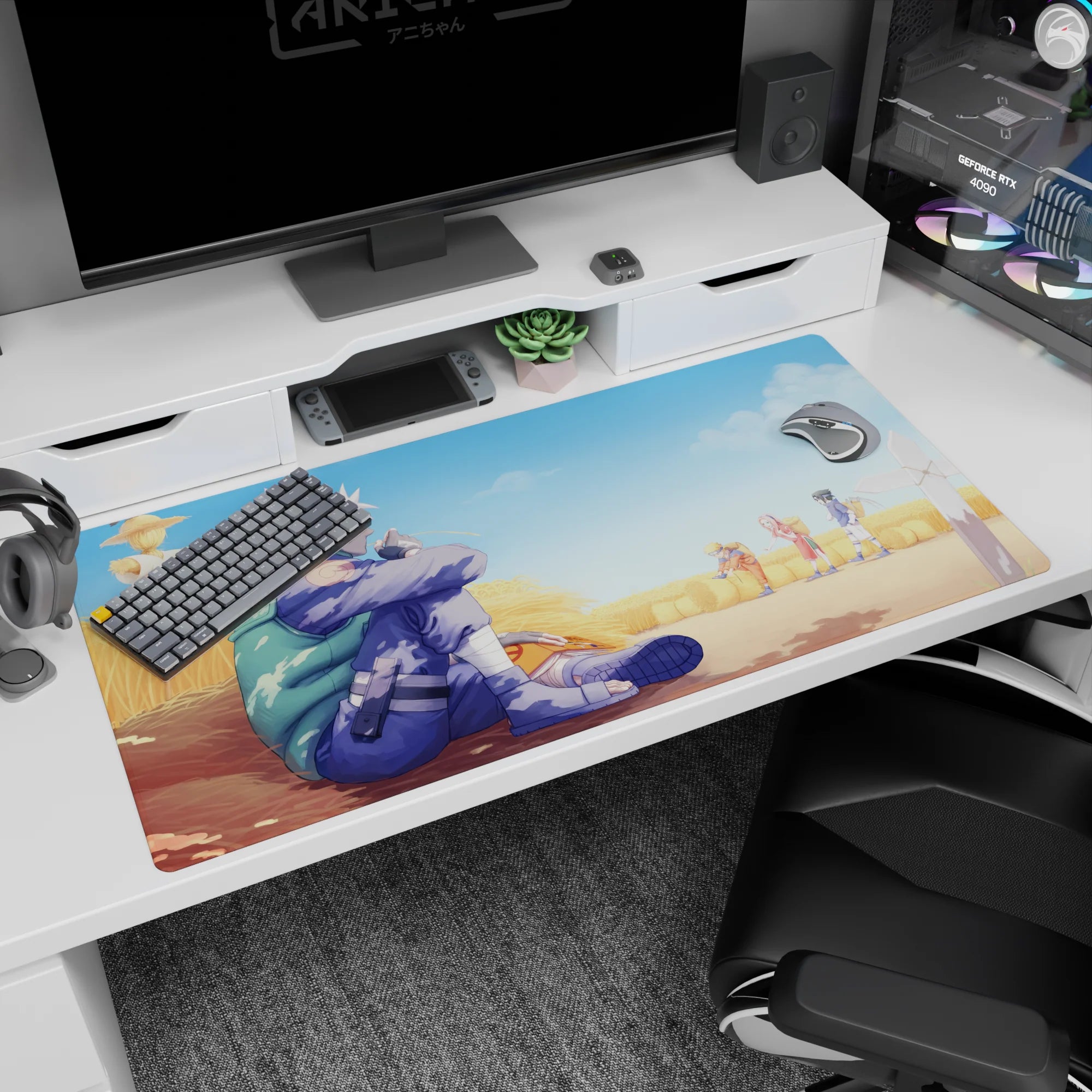 Anime desk pad 40x20 inches featuring Kakashi Hatake in wheat field with Team 7, Naruto-themed, warm and nostalgic.