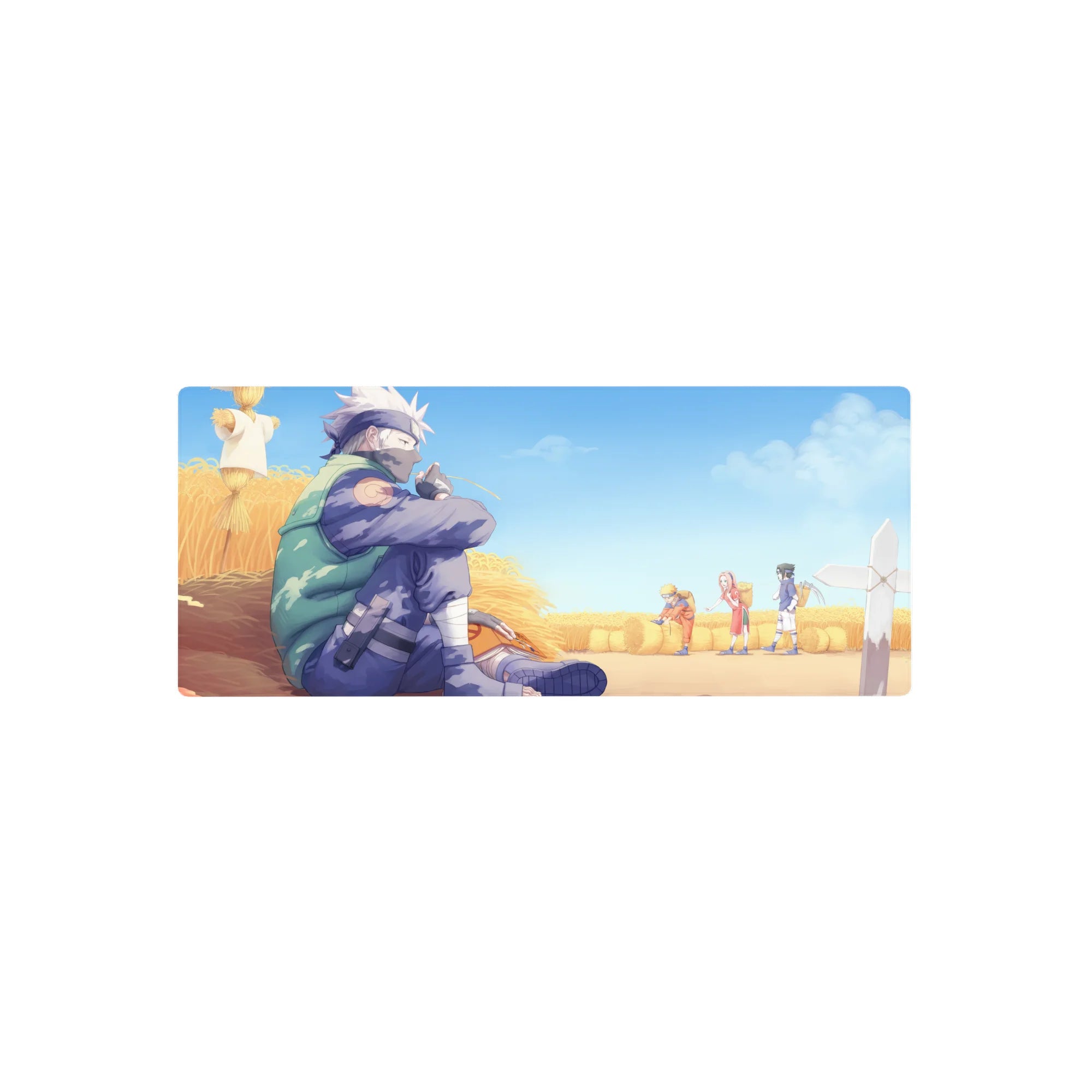 Anime mouse pad 28x12 inches featuring Kakashi Hatake in a wheat field, observing Team 7, with golden and sky blue hues.