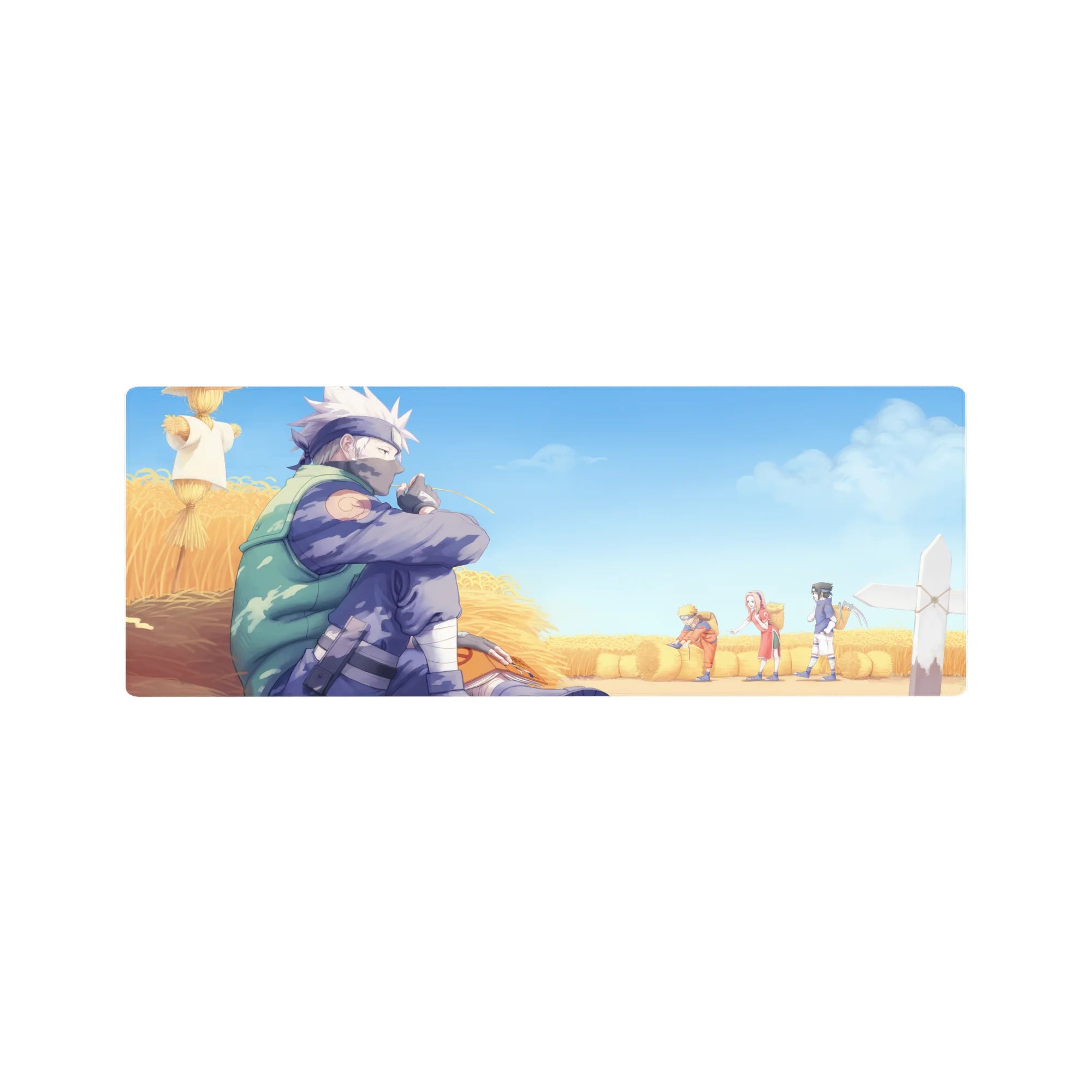 Anime mouse pad 32x12 inches featuring Kakashi Hatake in a wheat field watching Team 7, blending soft yellows and blues.