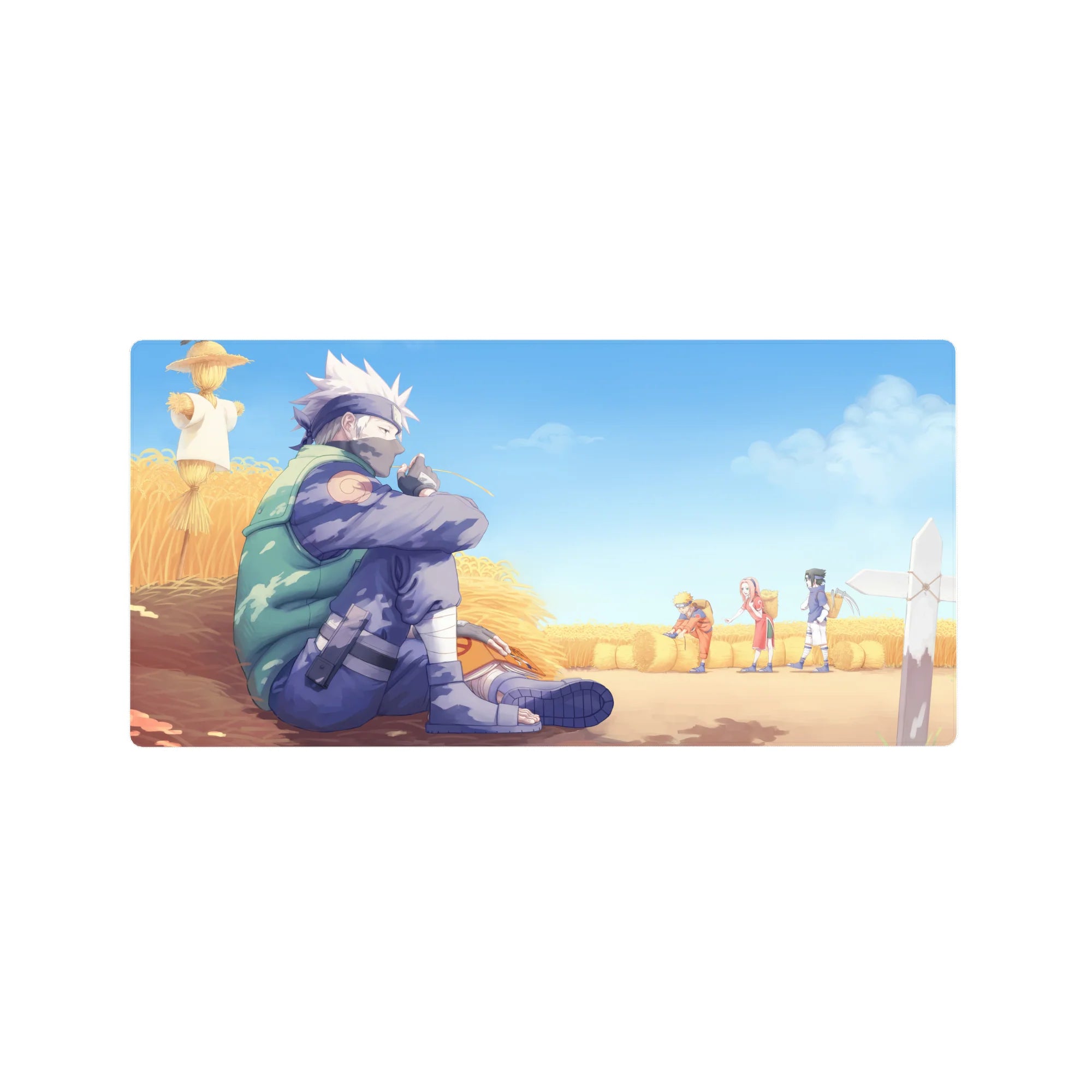 Anime mouse pad 32x16 inches featuring Kakashi Hatake watching Team 7 in a sunlit wheat field, evoking nostalgia.