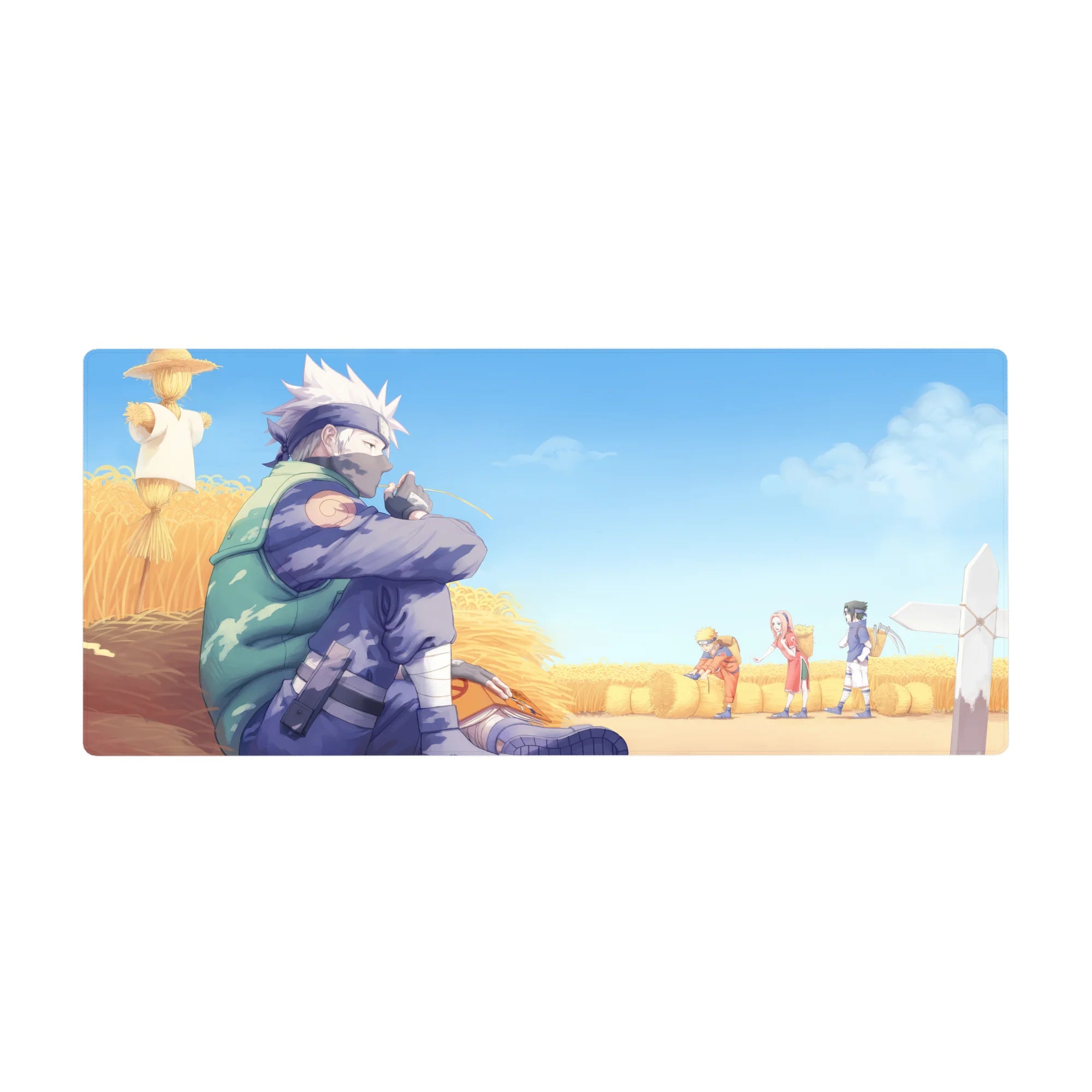 Anime desk pad 36x16 inches featuring Kakashi Hatake in a wheat field with Team 7, Naruto, Sasuke, and Sakura.