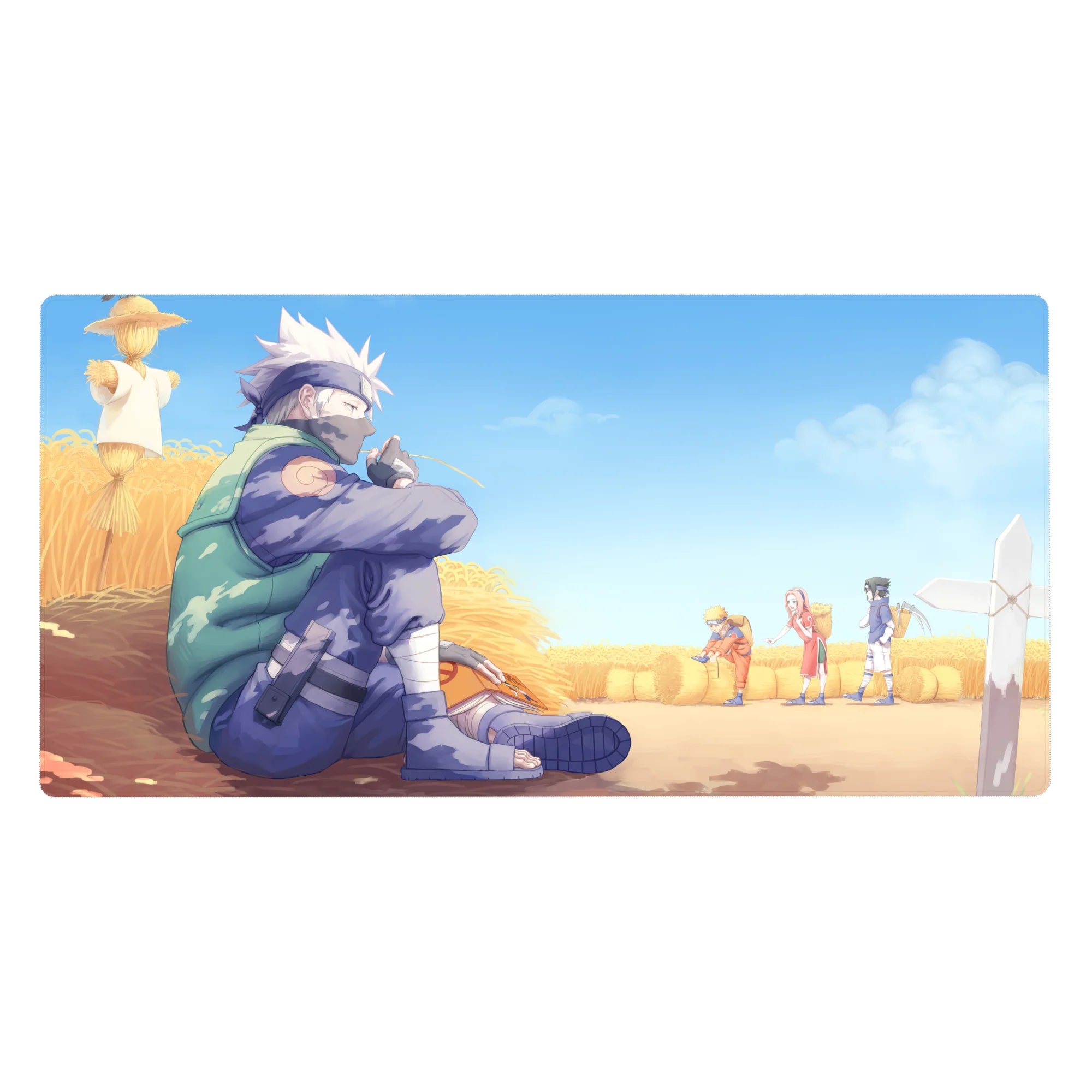 Anime desk pad 40x20 inches featuring Kakashi Hatake in wheat field, watching Team 7 from afar. Peaceful, nostalgic scene.