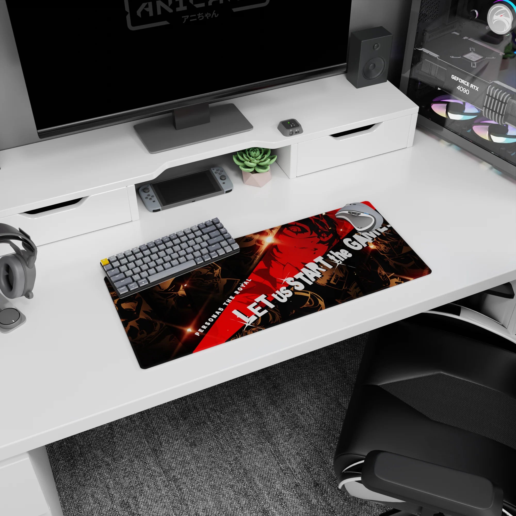 Large 28x12 inches Persona 5 Royal mouse pad featuring Joker and Phantom Thieves, vibrant reds, and golden shadows.