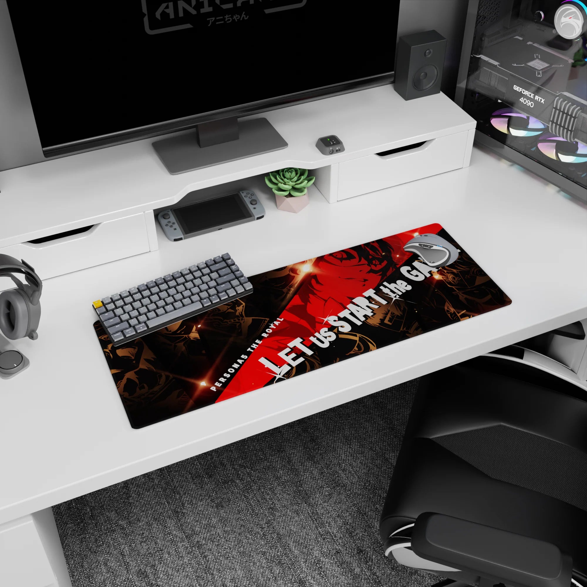 Anime mouse pad 32x12 inches featuring Persona 5 Royal, showcasing Joker and Phantom Thieves with bold reds and golden shadows.