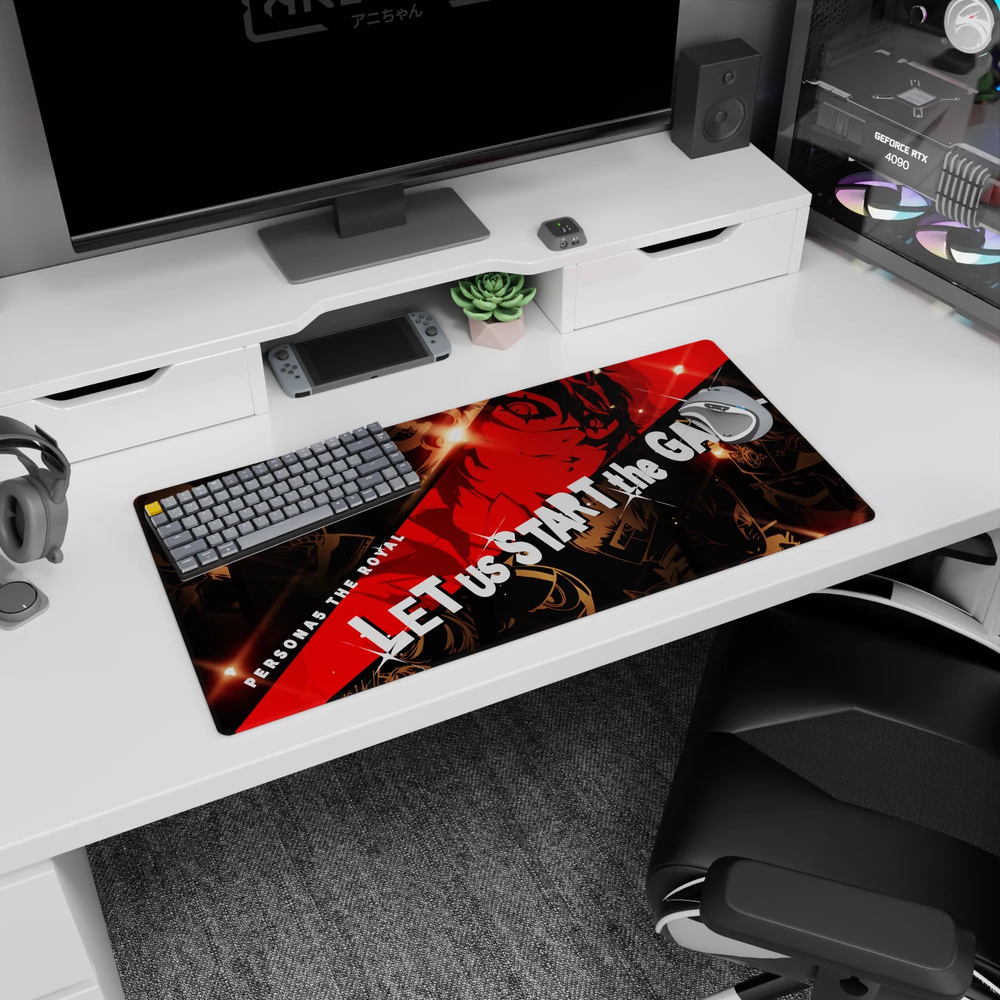 Anime mouse pad 32x16 inches featuring Persona 5 Royal. Joker and Phantom Thieves in moody contrast with bold colors.