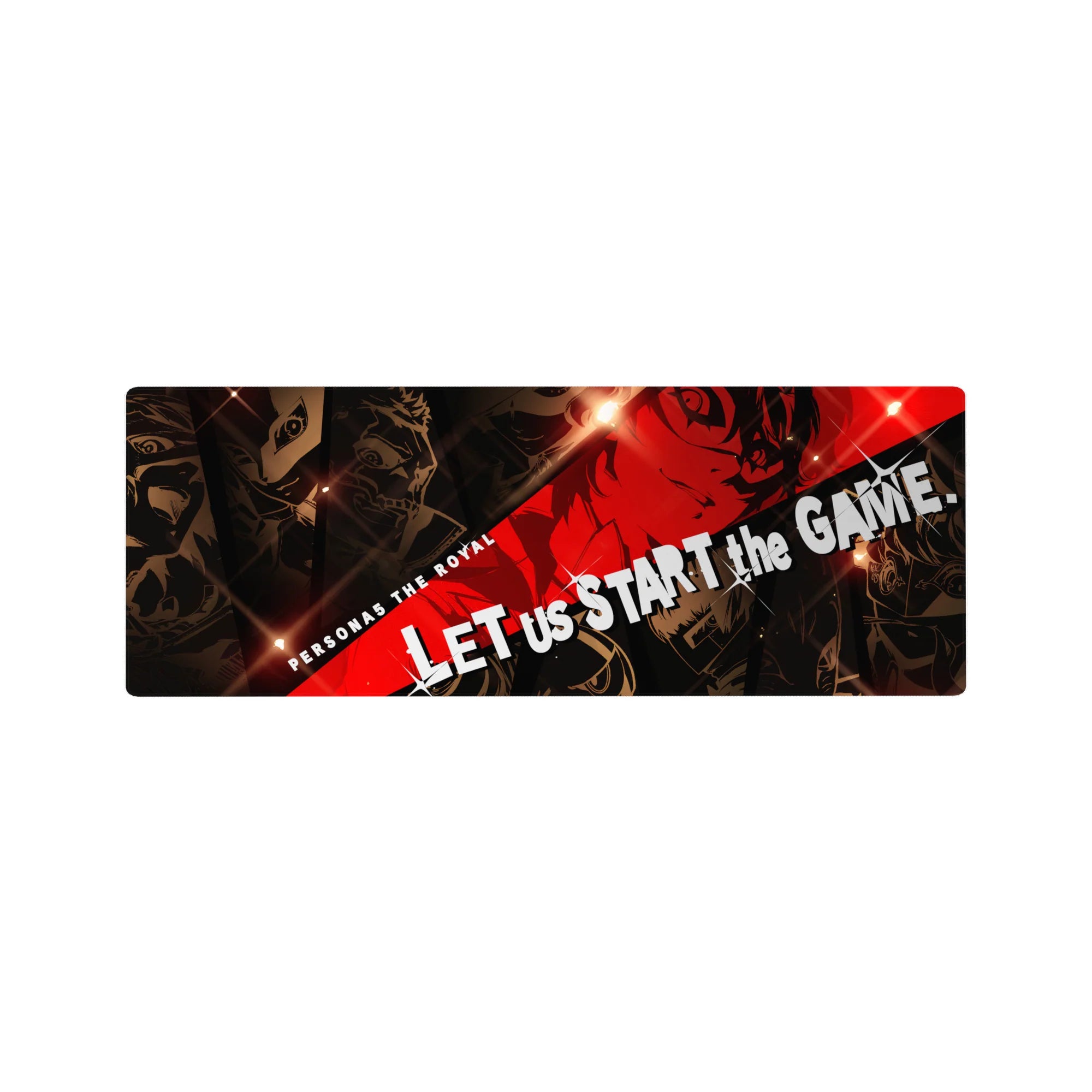 Anime mouse pad 32x12 inches featuring Persona 5 Royal&#39;s Joker and Phantom Thieves, with bold colors and iconic phrases.