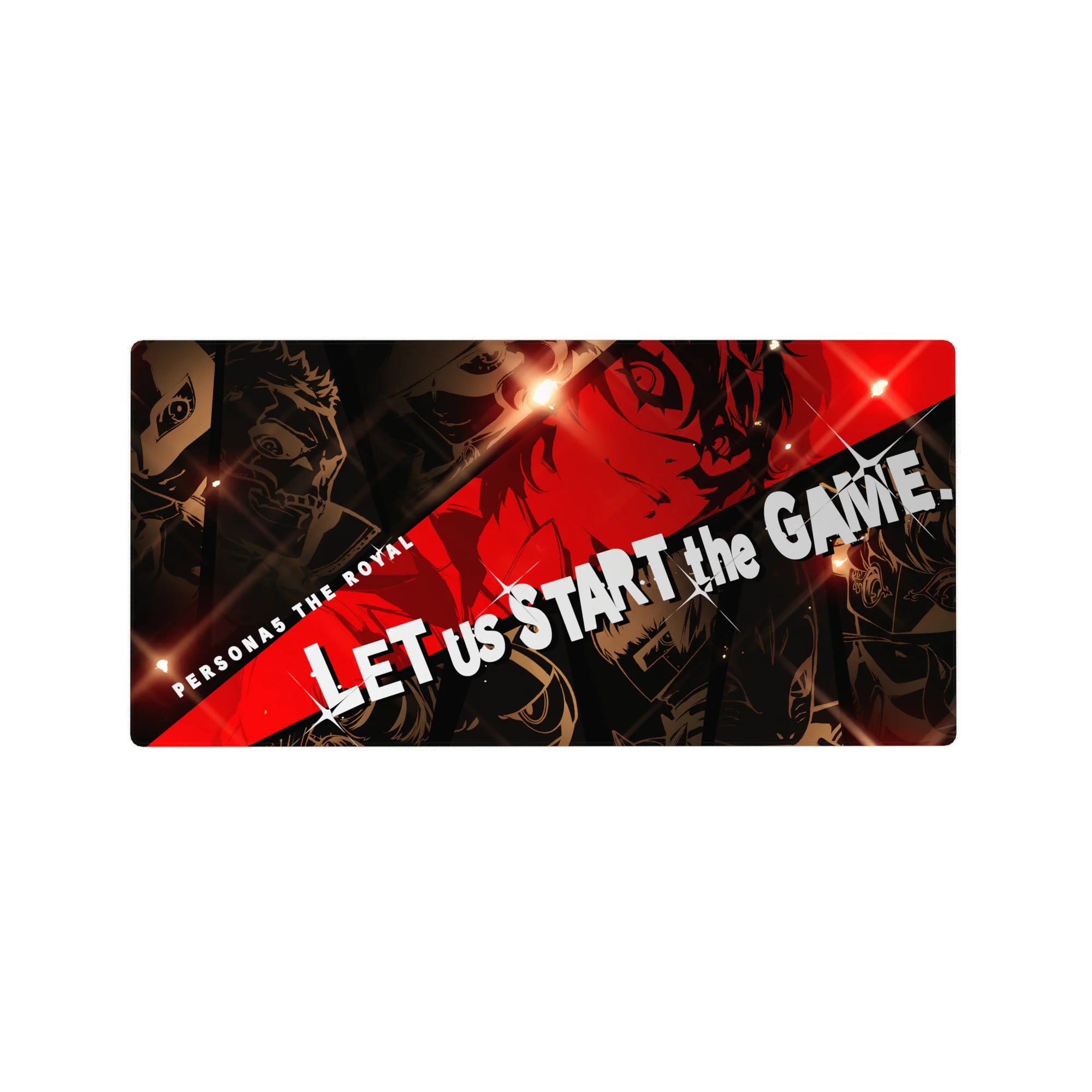 Persona 5 Royal mouse pad 32x16 inches featuring Joker and Phantom Thieves in moody colors with &quot;Let us start the game&quot; text.
