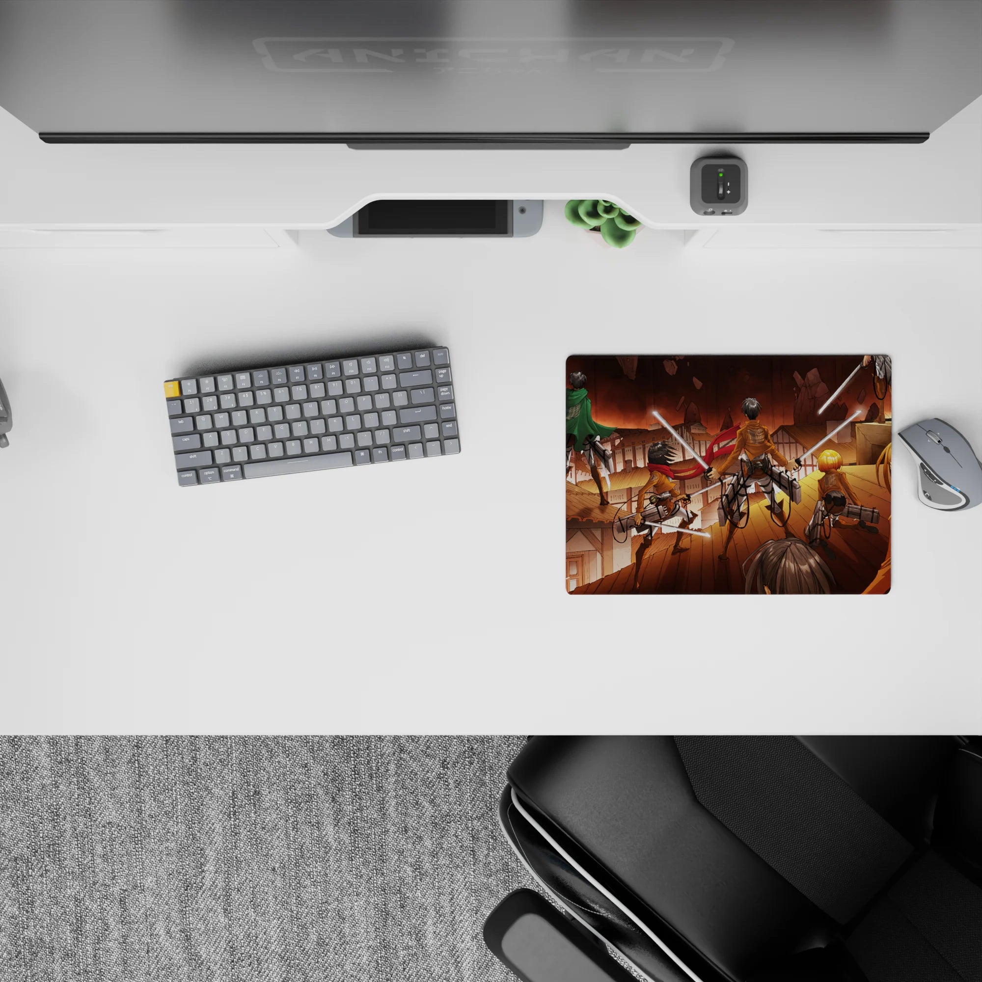 Attack on Titan anime mouse pad 14x10 inches featuring Eren, Mikasa, and Armin ready to battle a colossal titan.