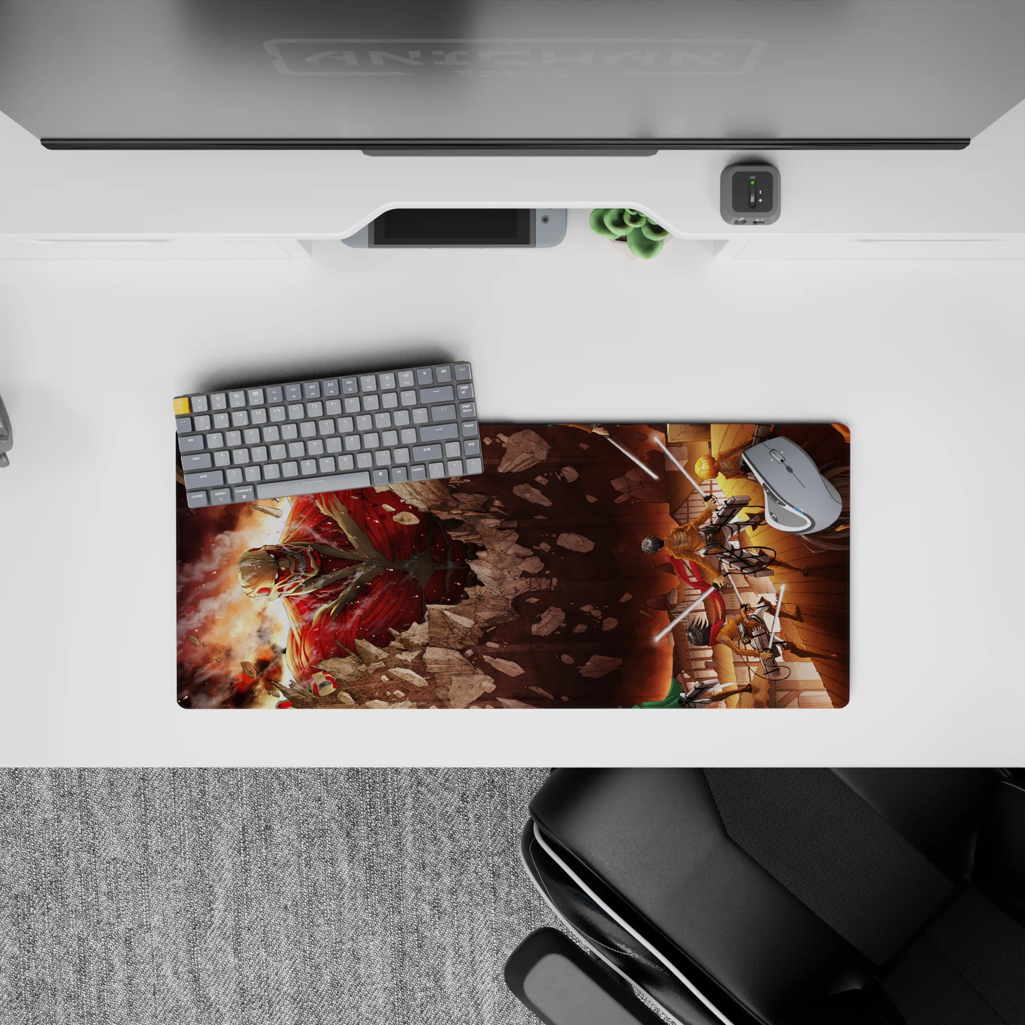 Attack on Titan mouse pad 28x12 inches featuring Eren, Mikasa, and Armin in a dynamic battle scene with fiery reds and shadows.