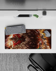 Attack on Titan mouse pad 28x12 inches featuring Eren, Mikasa, and Armin in a dynamic battle scene with fiery reds and shadows.