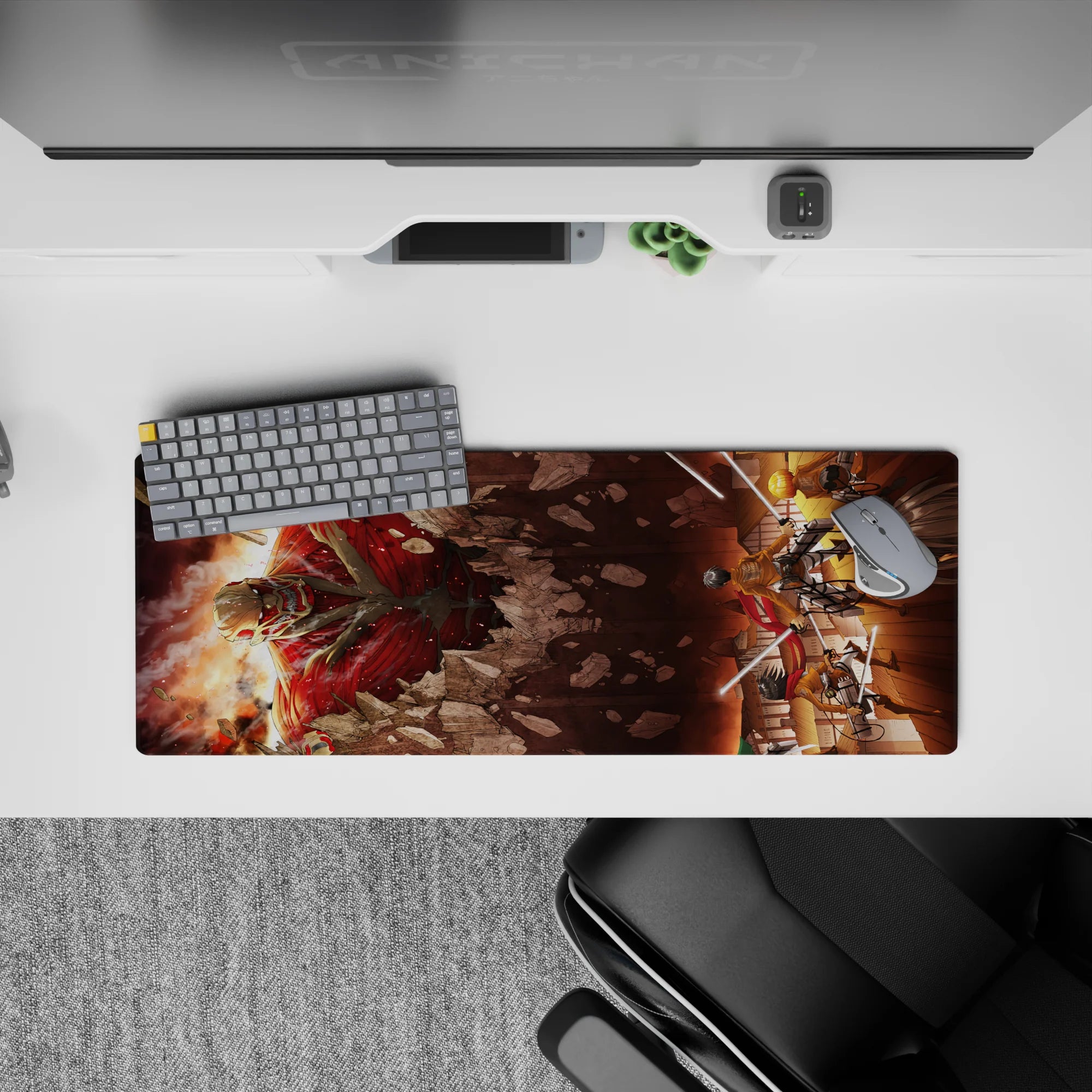 Attack on Titan mouse pad 32x12 inches featuring Eren, Mikasa, and Armin confronting a titan, with fiery reds and deep shadows.