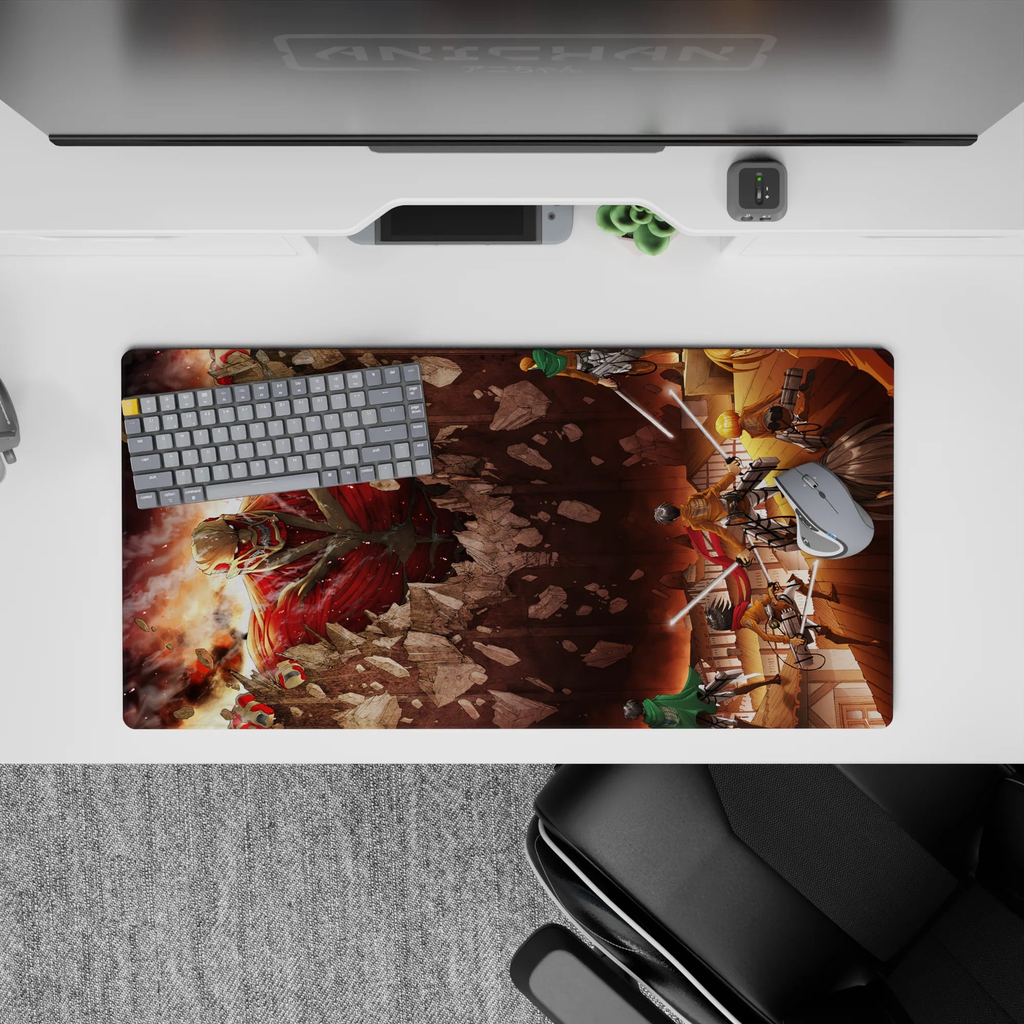 Attack on Titan mouse pad, size 32x16 inches, featuring Eren, Mikasa, and Armin in a fiery battle scene against a titan.