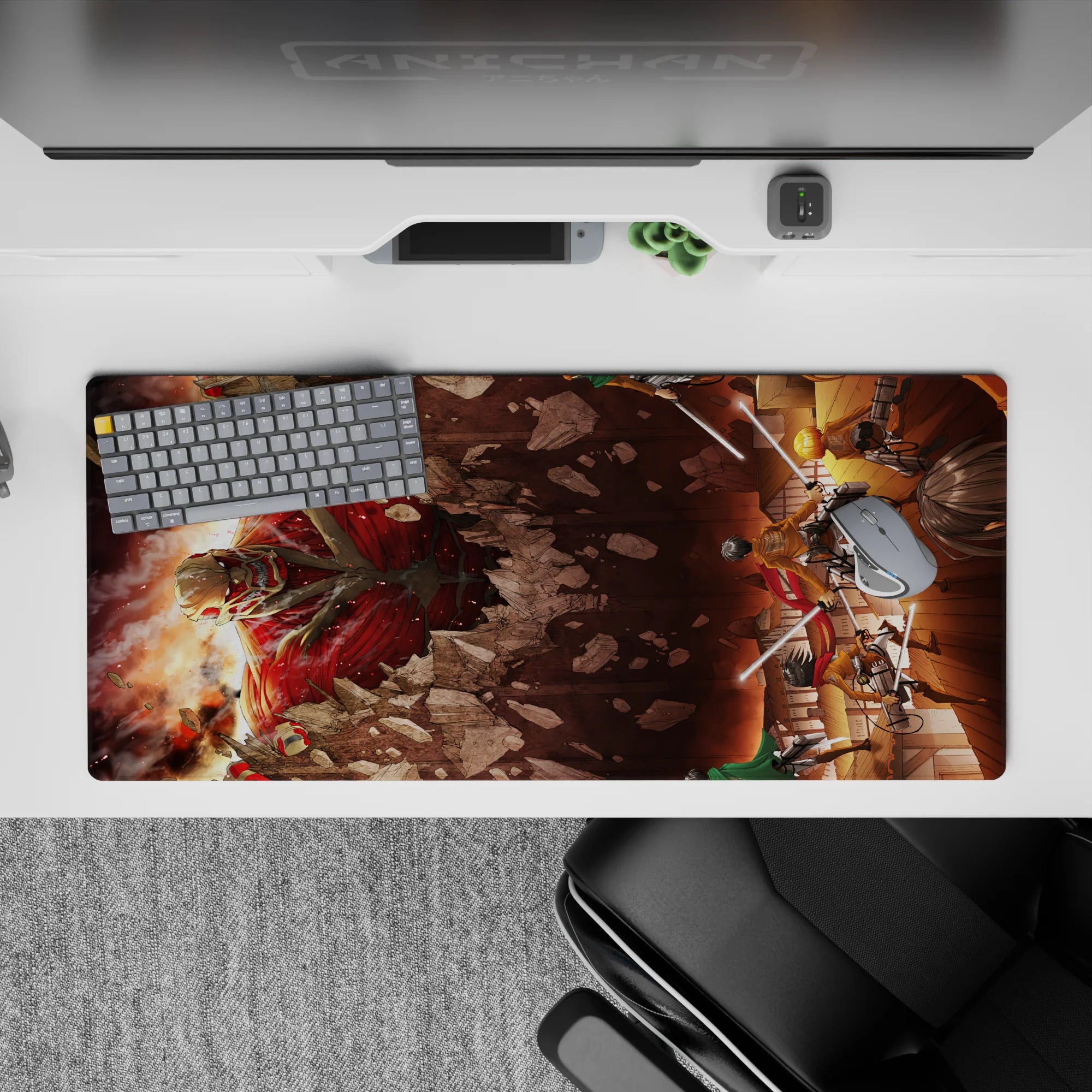 Attack on Titan desk pad 36x16 inches featuring Eren, Mikasa, and Armin in a dynamic battle scene with vivid colors.