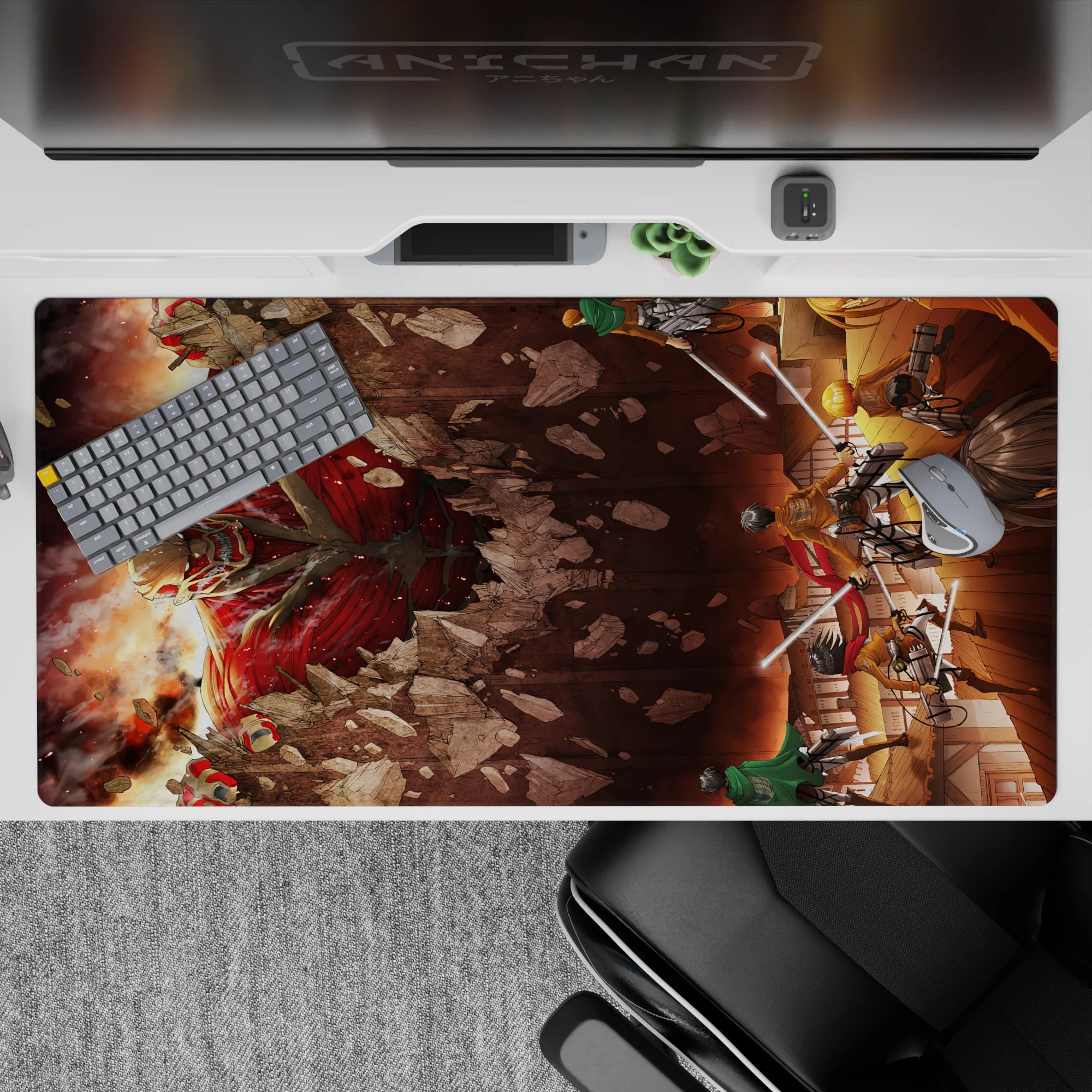 Attack on Titan desk pad 40x20 inches featuring Eren, Mikasa, and Armin in vivid reds and shadows, capturing epic battle.