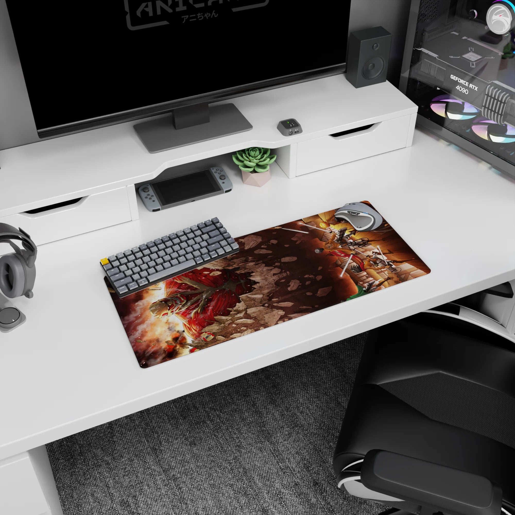 Attack on Titan anime mouse pad, 28x12 inches, featuring Eren, Mikasa, and Armin in a vivid battle scene with fiery reds.