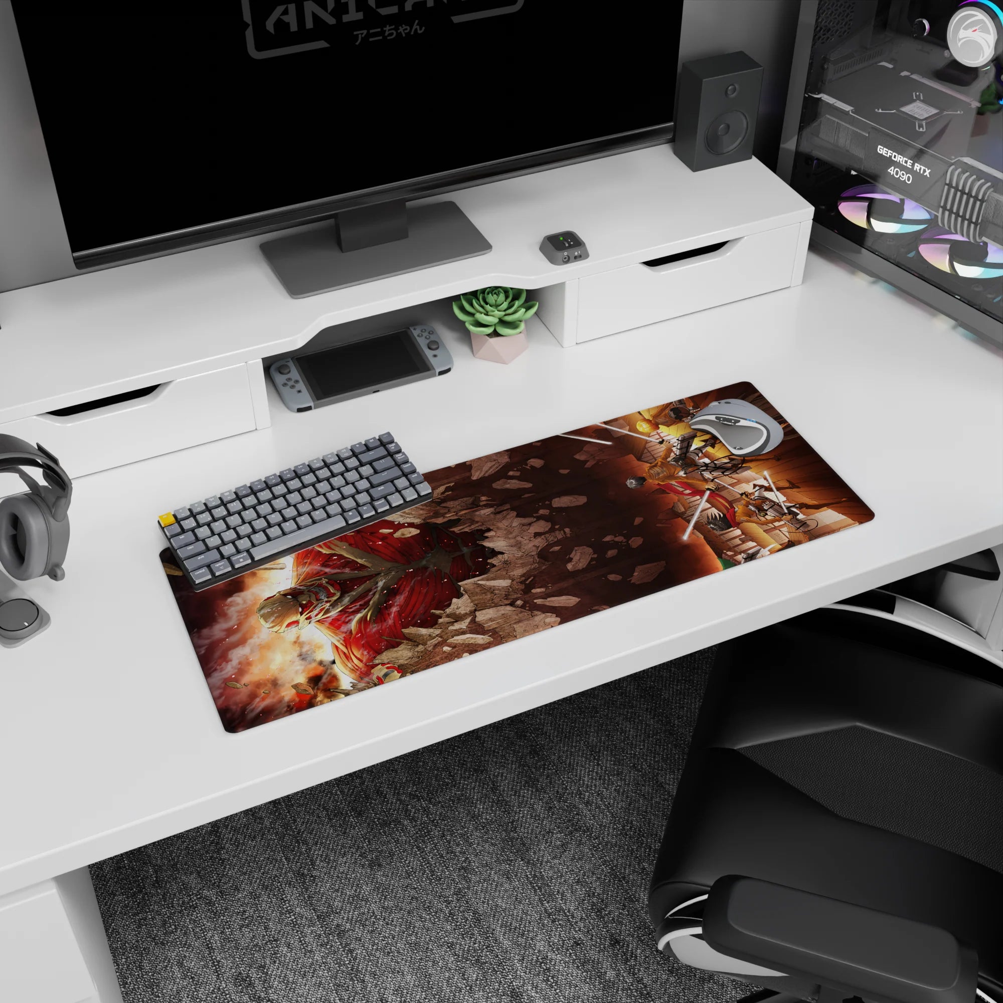 Attack on Titan mouse pad, 32x12 inches, showcasing Eren, Mikasa, and Armin against a fiery titan backdrop, ideal for fans.