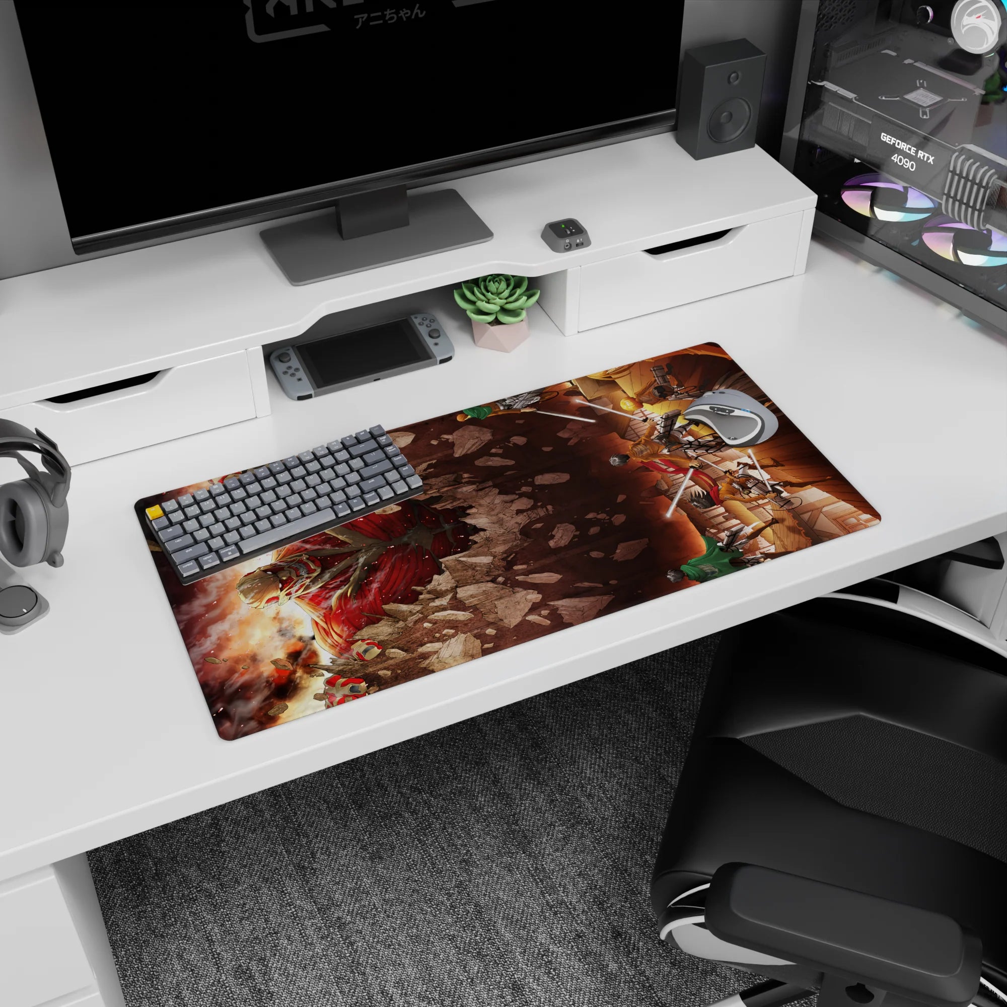 Attack on Titan anime mouse pad, 32x16 inches, featuring Eren, Mikasa, and Armin battling a titan in vivid reds and shadows.