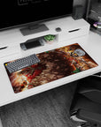 Attack on Titan anime mouse pad, 32x16 inches, featuring Eren, Mikasa, and Armin battling a titan in vivid reds and shadows.
