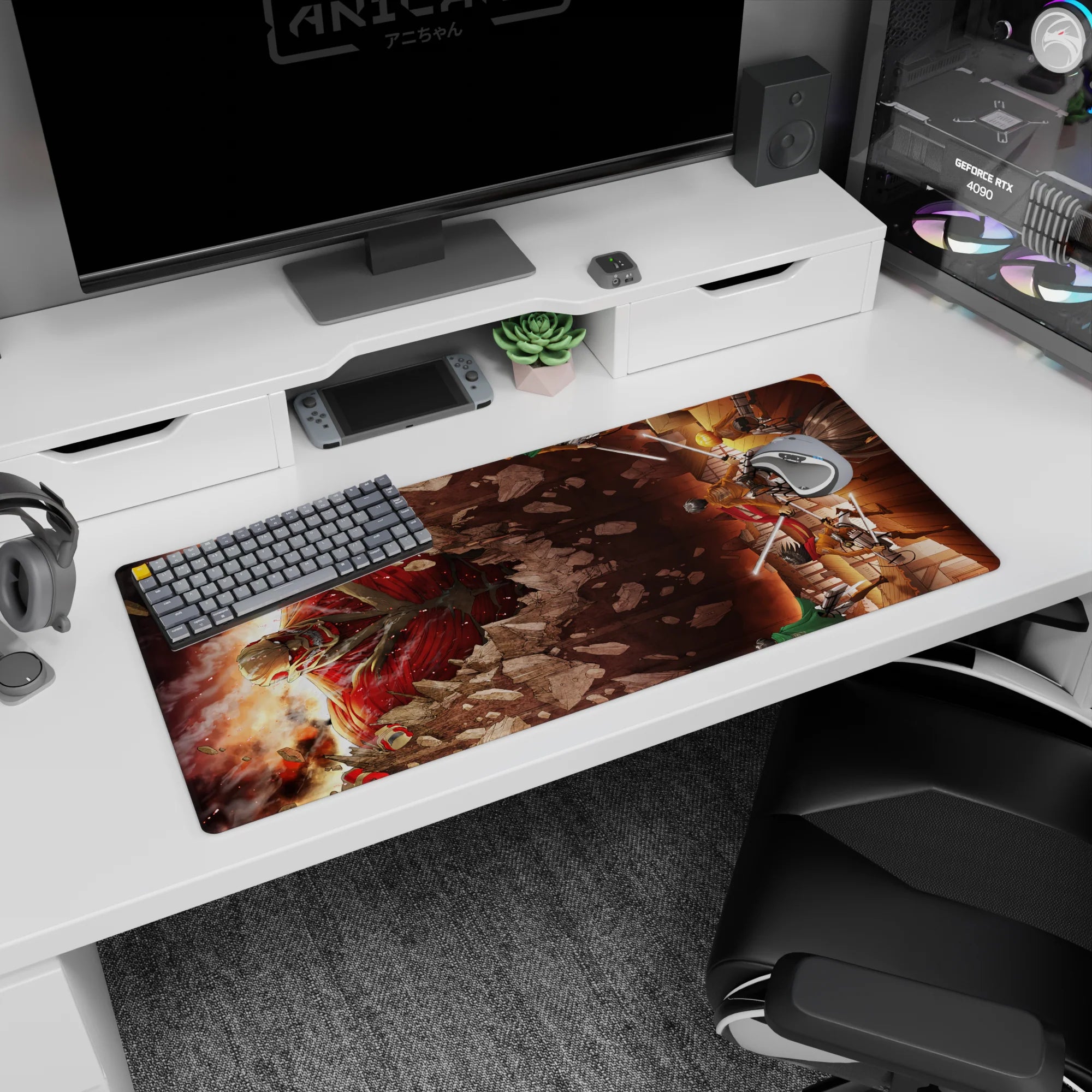 Attack on Titan desk pad 36x16 inches featuring Eren, Mikasa, and Armin in a fiery battle scene with vivid reds and shadows.