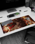 Attack on Titan desk pad 36x16 inches featuring Eren, Mikasa, and Armin in a fiery battle scene with vivid reds and shadows.