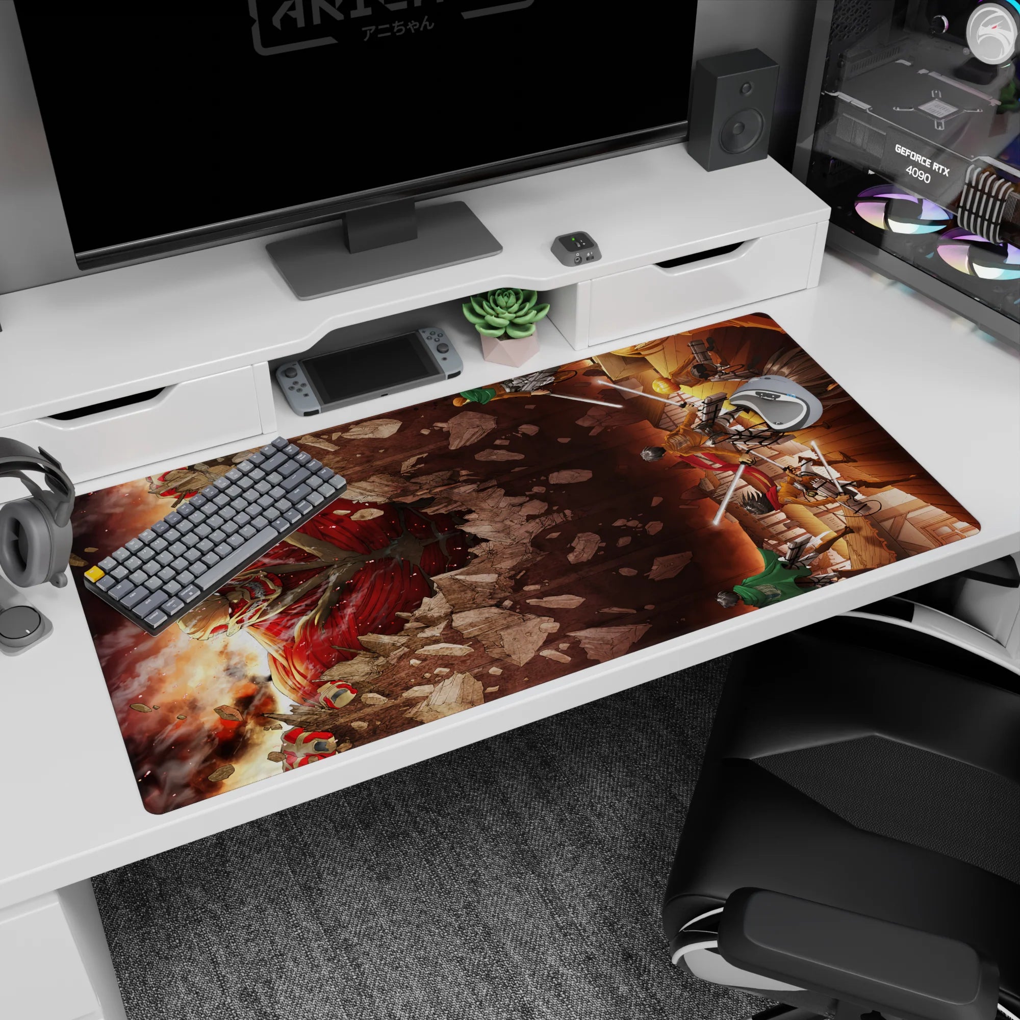 Attack on Titan desk pad 40x20 inches featuring Eren, Mikasa, and Armin in battle with titans, vibrant reds and shadows.