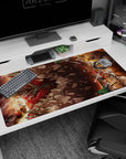 Attack on Titan desk pad 40x20 inches featuring Eren, Mikasa, and Armin in battle with titans, vibrant reds and shadows.