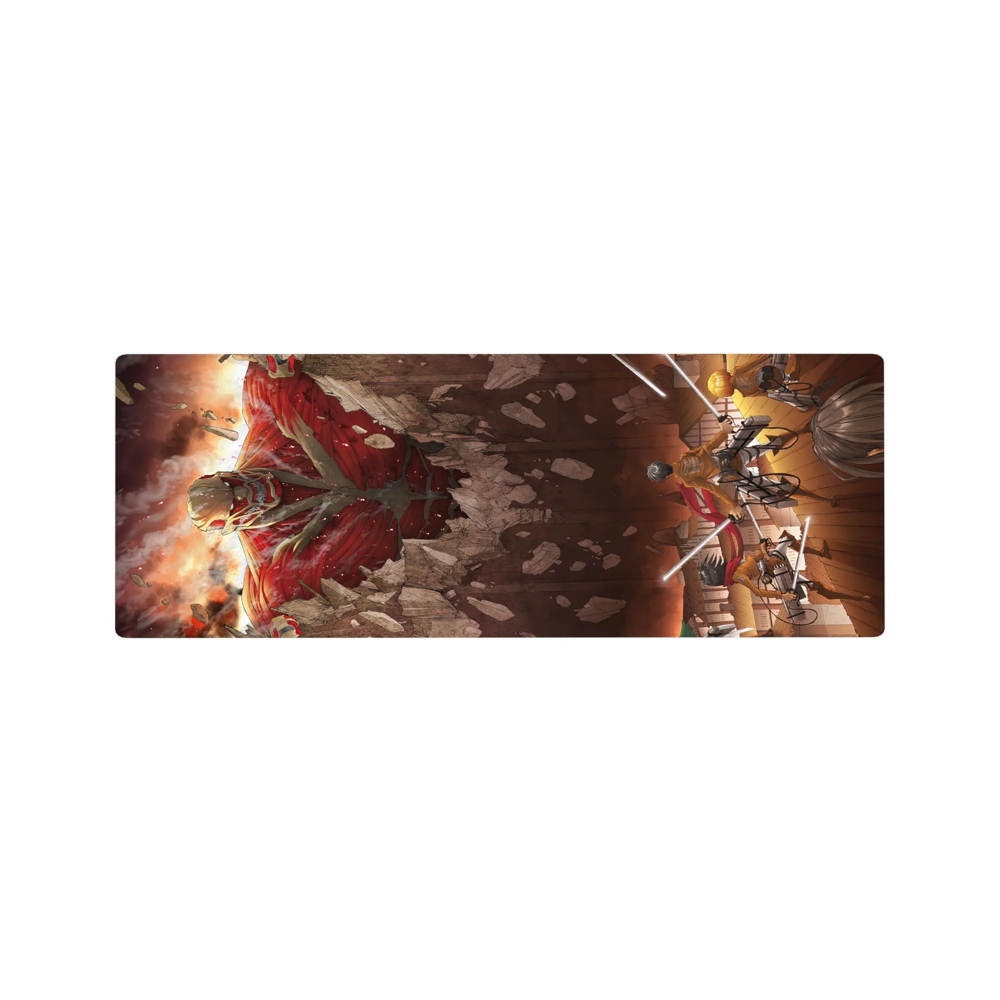 Attack on Titan anime mouse pad featuring Eren, Mikasa, and Armin in battle against a titan, size 32x12 inches.
