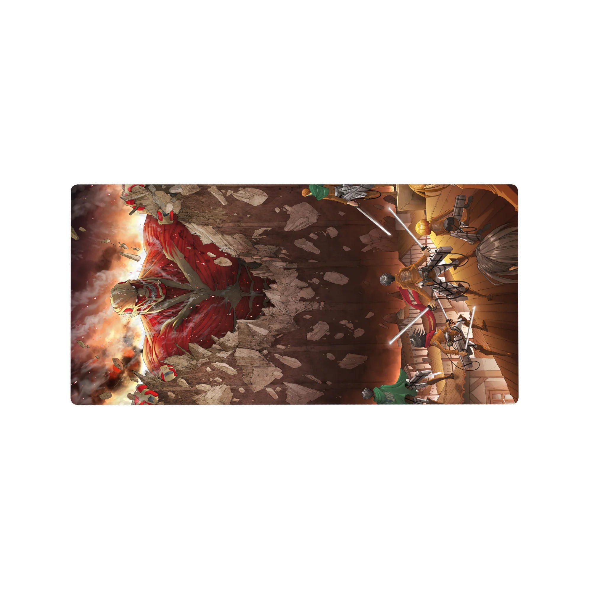 Attack on Titan anime mouse pad, 32x16 inches, featuring Eren, Mikasa, and Armin in a dramatic, fiery scene with titans.