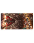 Attack on Titan anime mouse pad, 32x16 inches, featuring Eren, Mikasa, and Armin in a dramatic, fiery scene with titans.