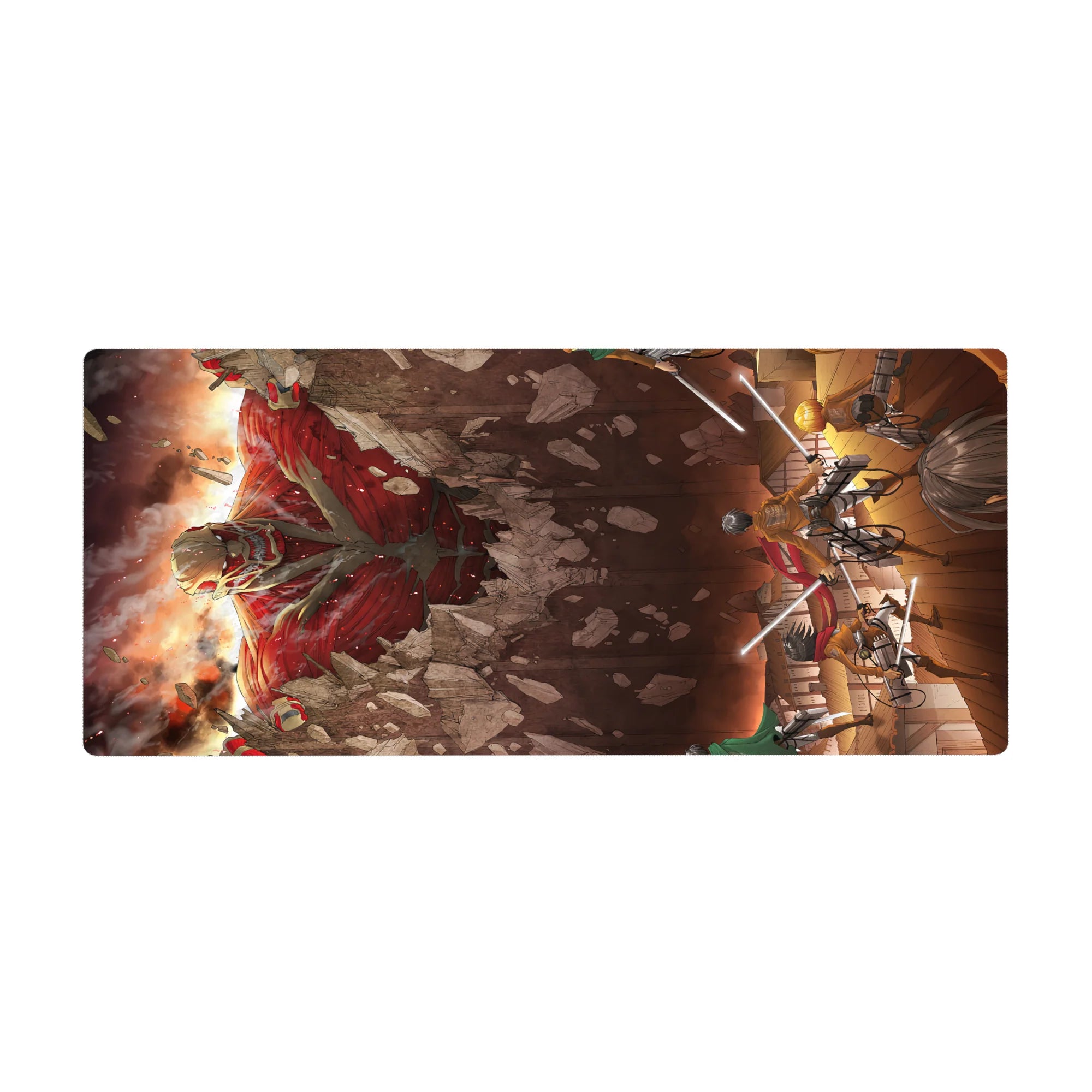 Attack on Titan 36x16 inch desk pad featuring Eren, Mikasa, and Armin in epic battle scene with vibrant reds and shadows.