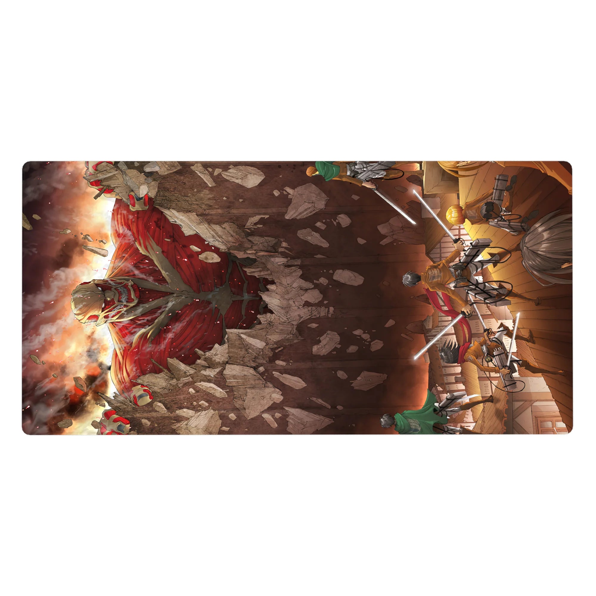 Attack on Titan desk pad 40x20 inches featuring Eren, Mikasa, and Armin in vivid red tones and deep shadows, perfect for fans.