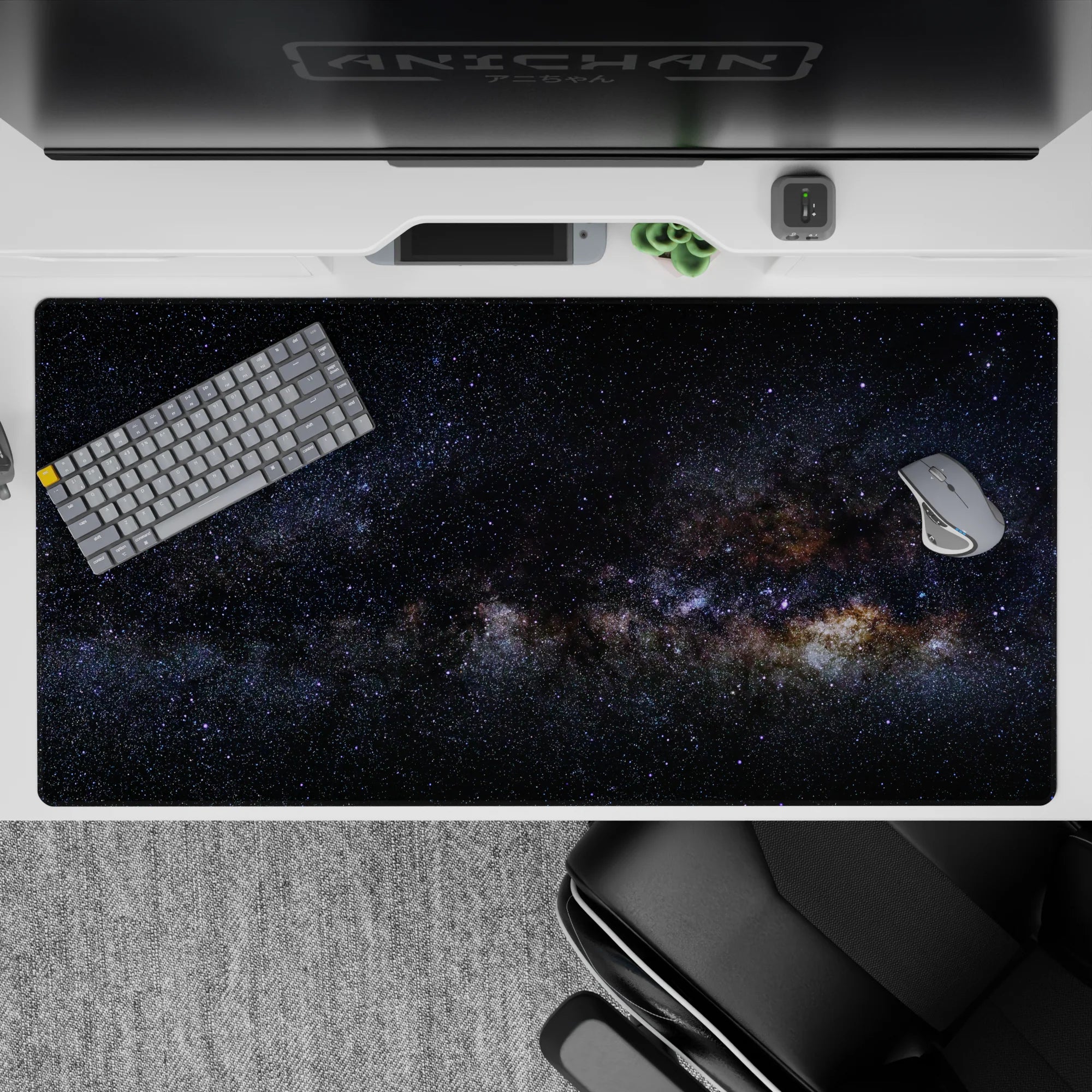 Moody midnight blue and inky black desk pad 40x20 inches with dusty galaxy band and calm vibe.