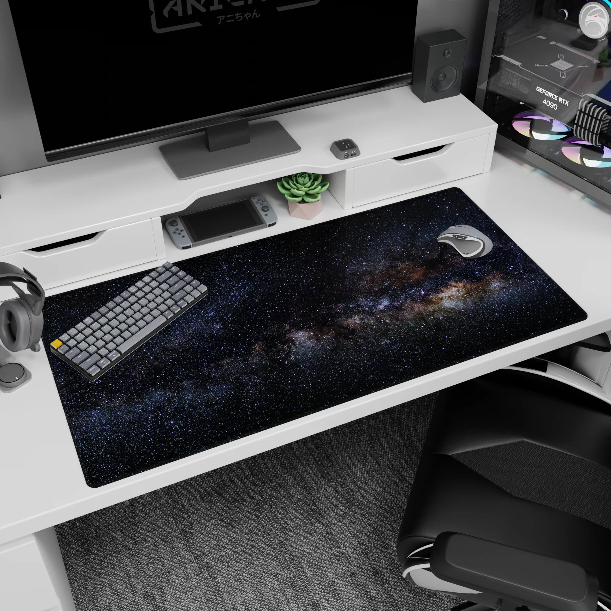 Starry cosmos scene desk pad 40x20 inches featuring a dusty Milky Way band and tiny specks.
