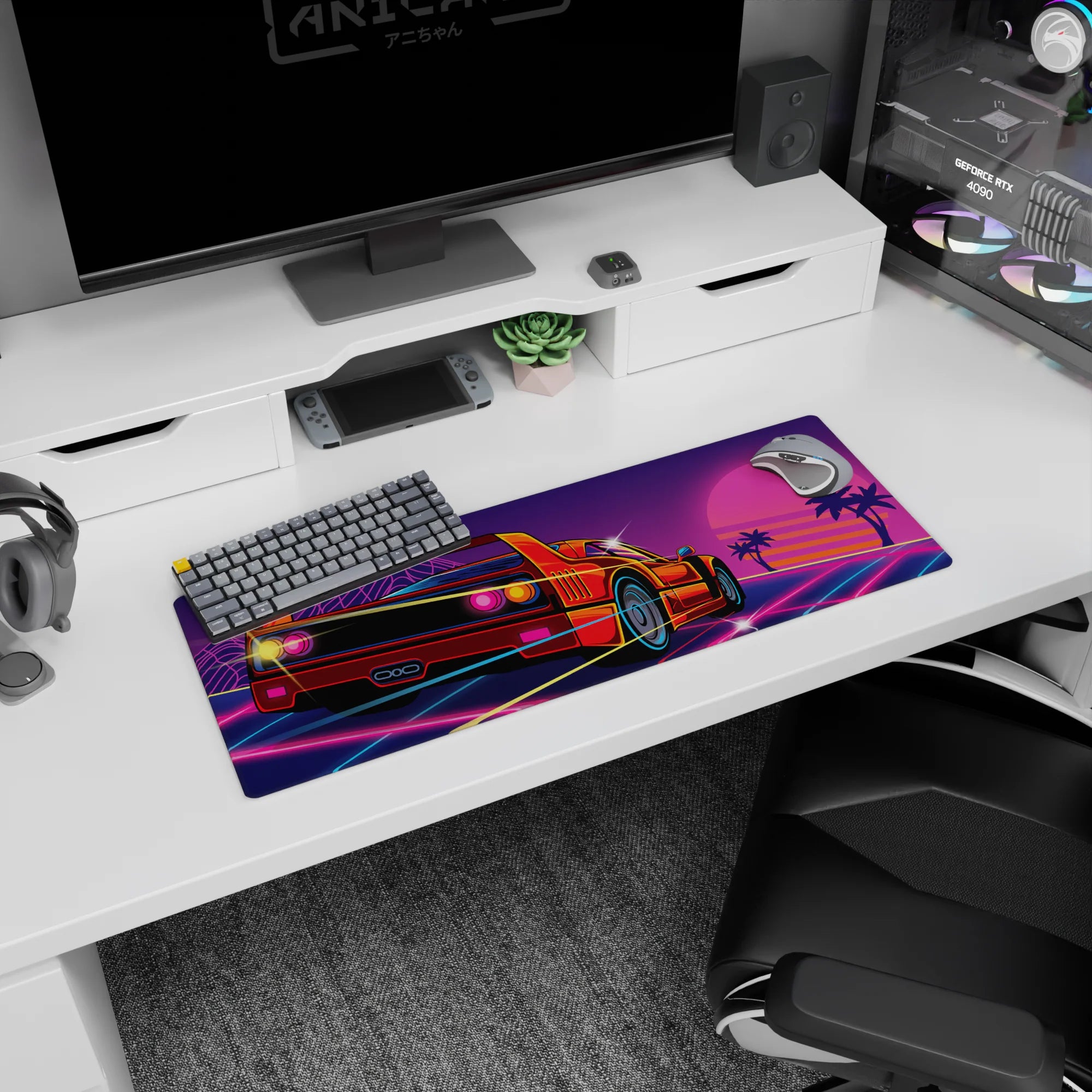 Retrowave - Vaporwave Deskmat | Mousepad | Deskpad - Retro Sunset Racer - AniChan