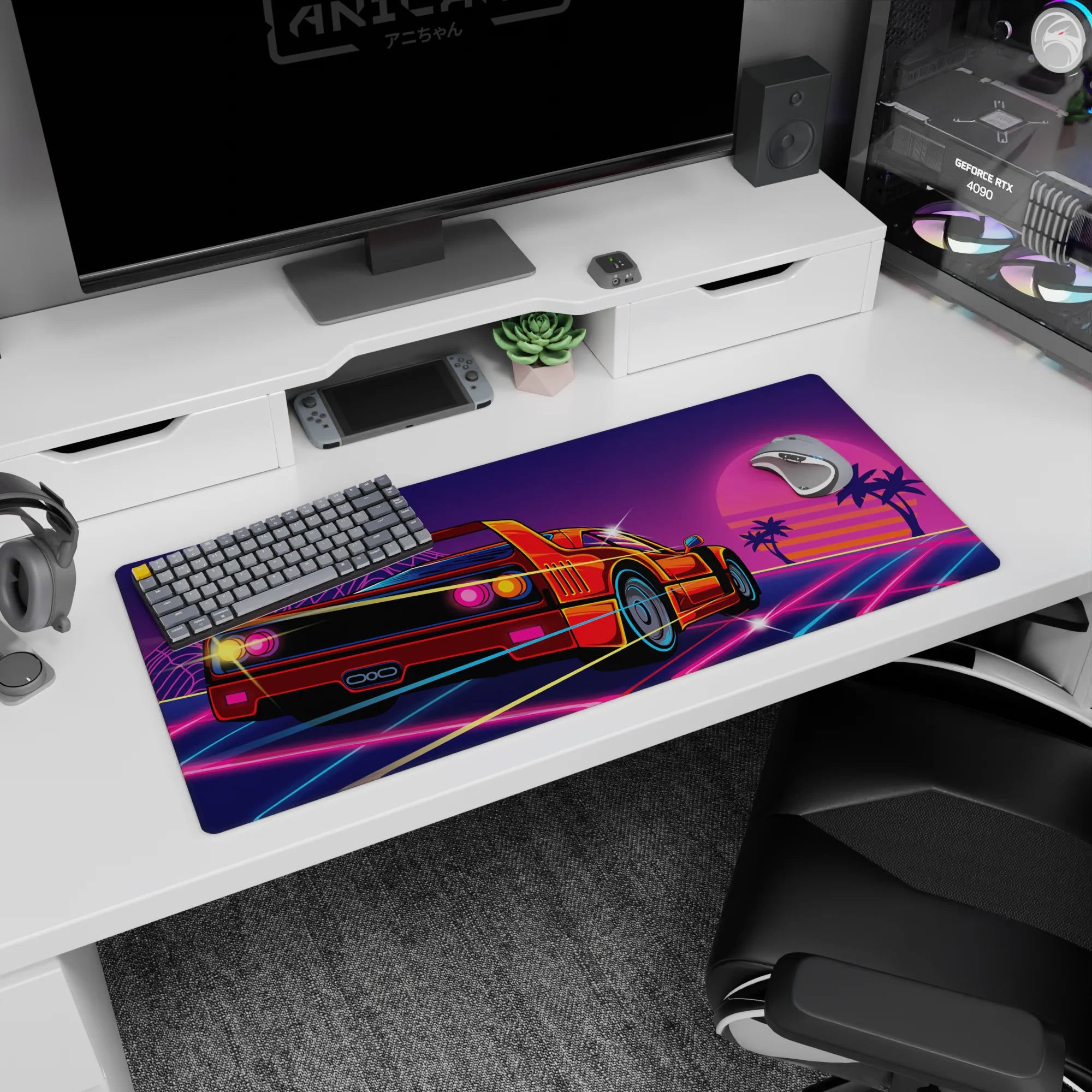 Retrowave - Vaporwave Deskmat | Mousepad | Deskpad - Retro Sunset Racer - AniChan