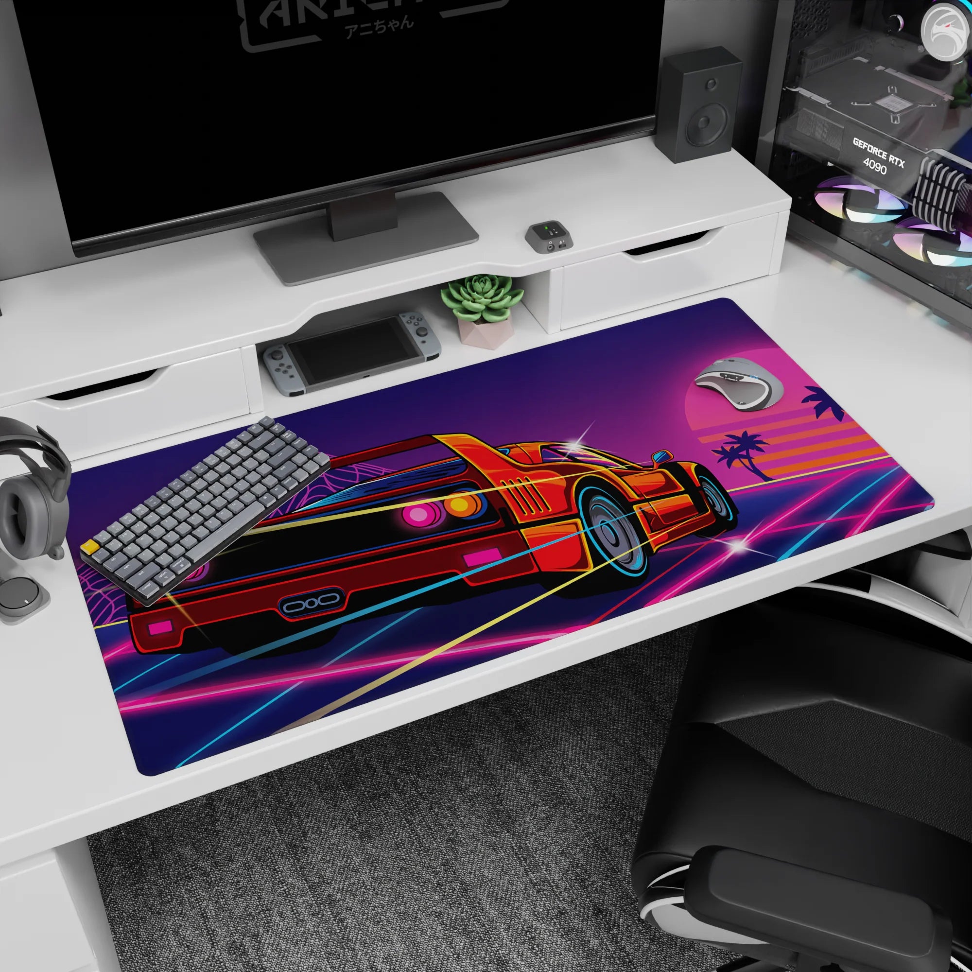 Retrowave - Vaporwave Deskmat | Mousepad | Deskpad - Retro Sunset Racer - AniChan