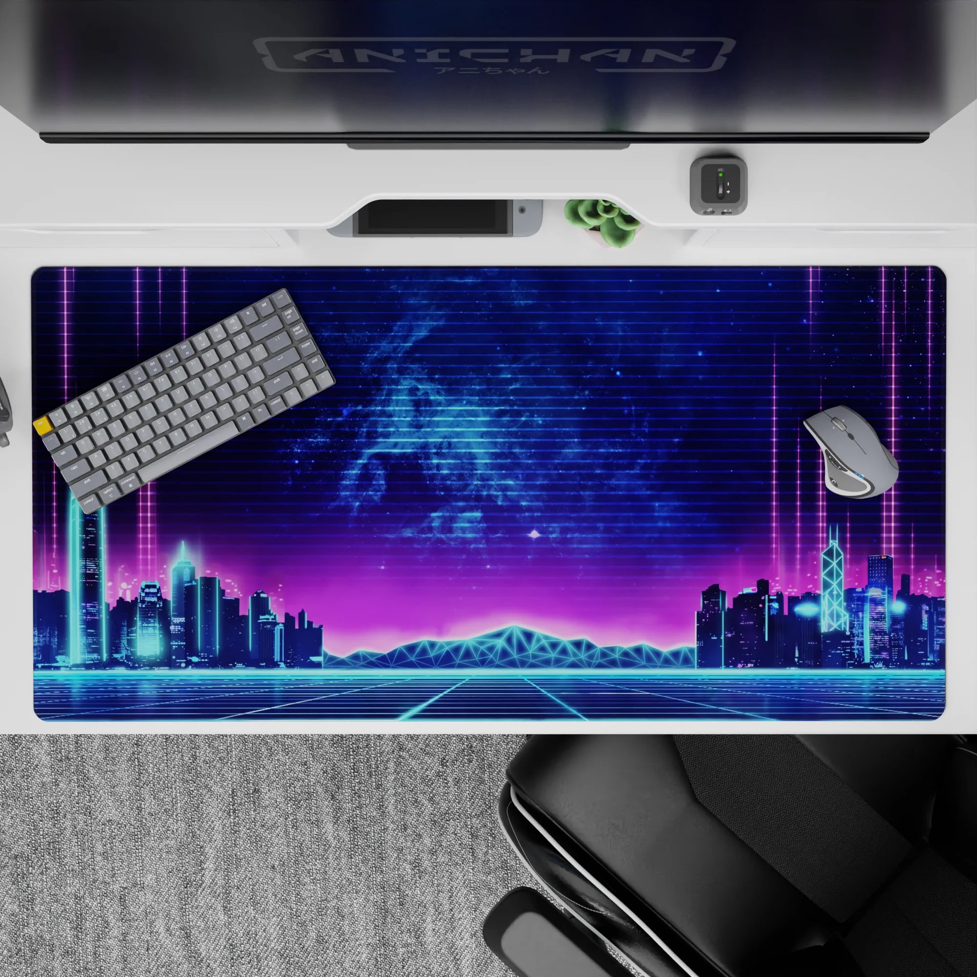 Retrowave - Vaporwave Deskmat | Mousepad | Deskpad - Neon Skyline Pulse - AniChan