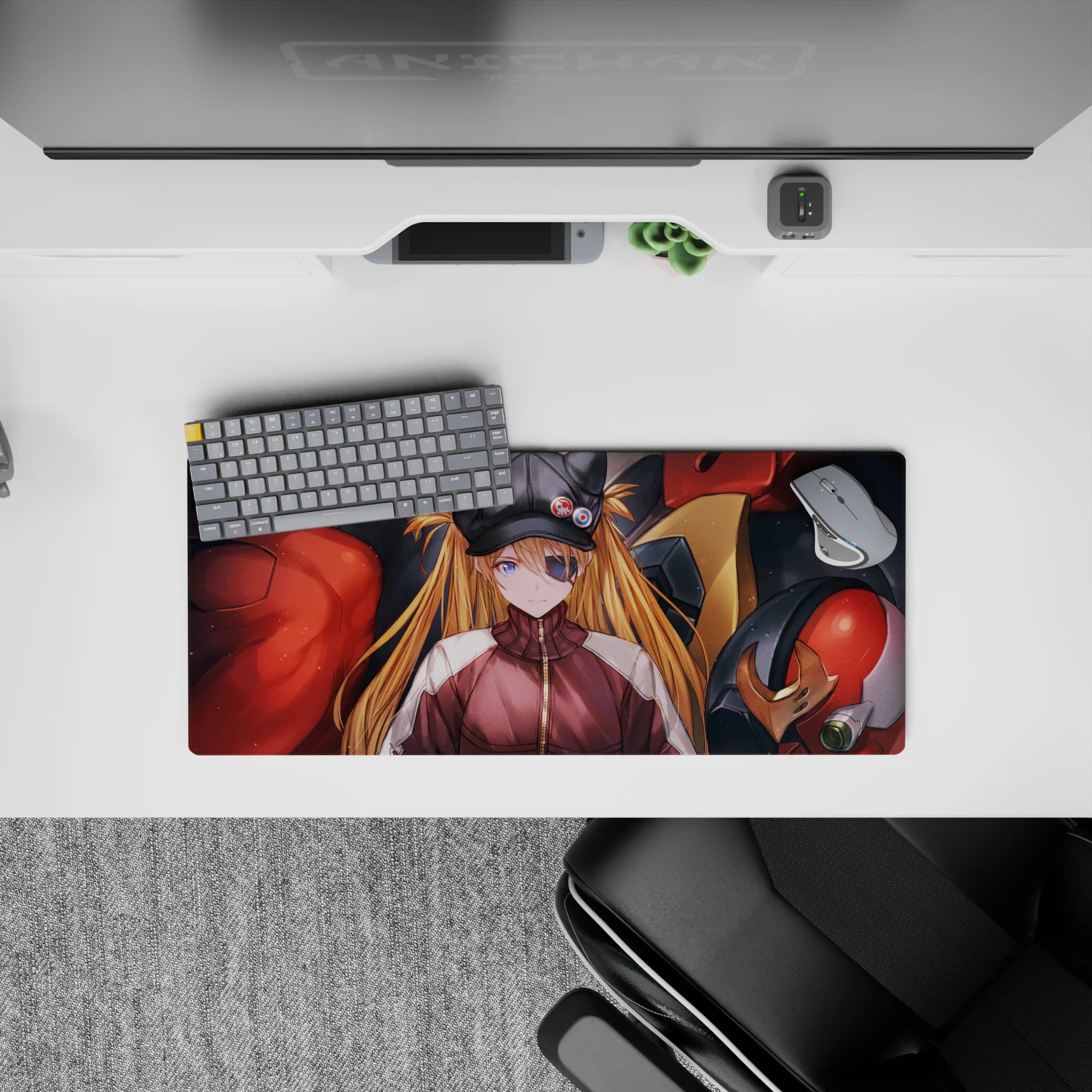 Asuka Langley anime mouse pad 28x12 inches featuring EVA Unit-02, bold reds and purples, perfect for Evangelion fans.