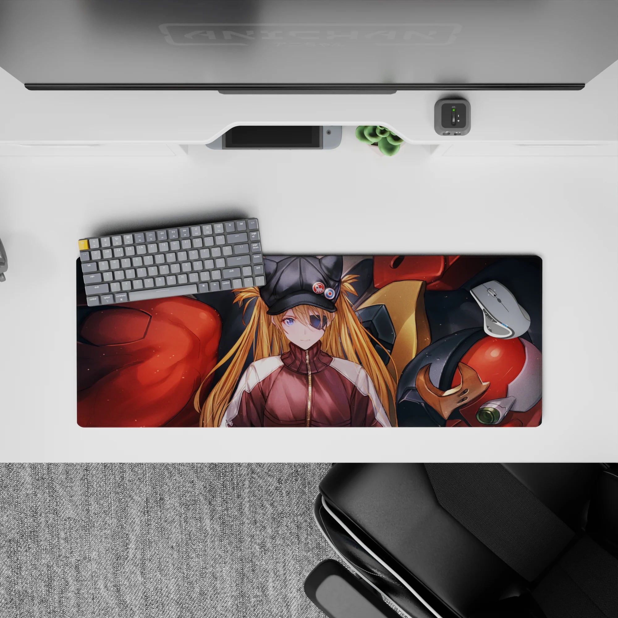 Anime mouse pad 32x12 inches featuring Asuka Langley from Evangelion with EVA Unit-02, in vibrant reds and purples.