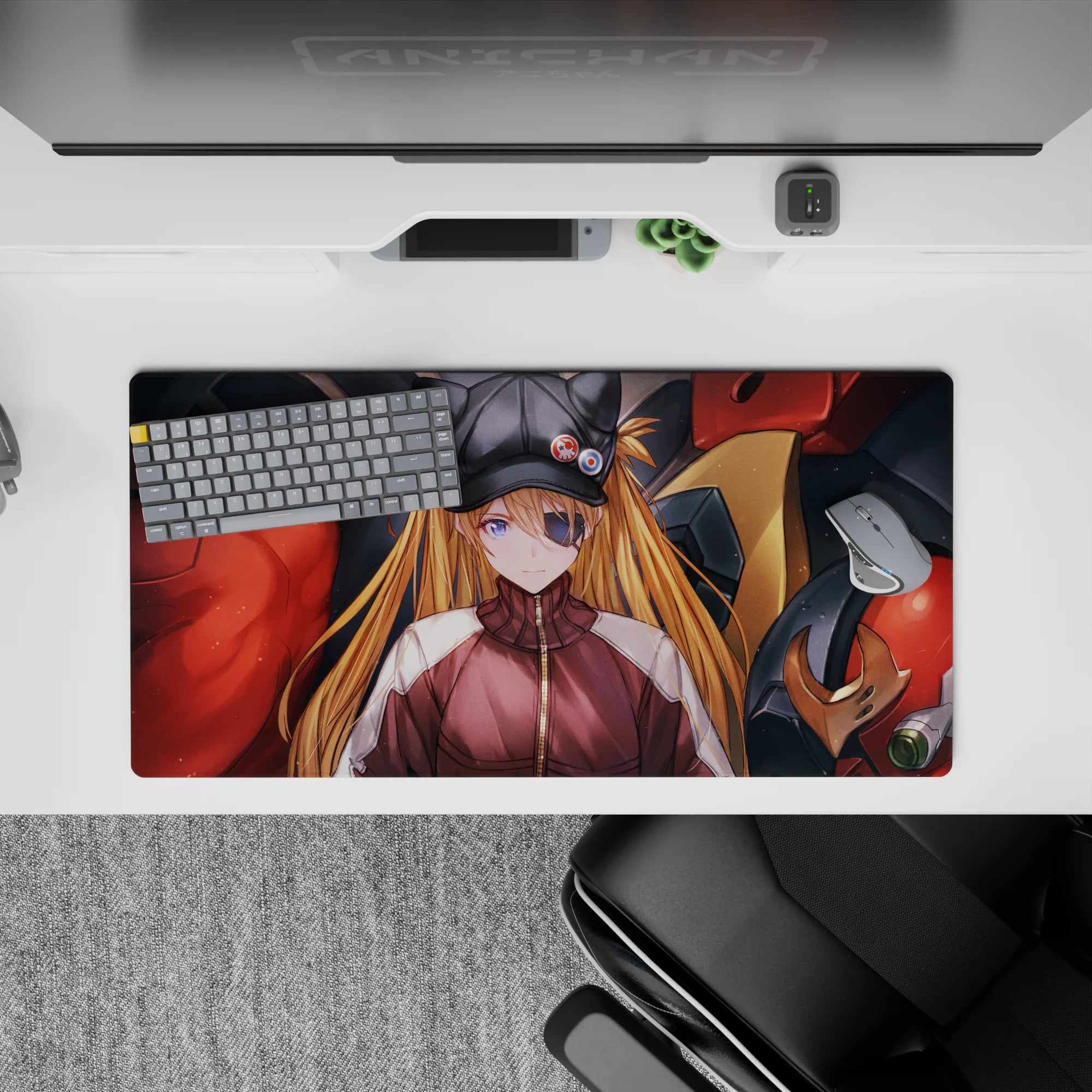 Anime mouse pad 32x16 inches featuring Asuka Langley with eyepatch and EVA Unit-02 from Evangelion, bold colors.