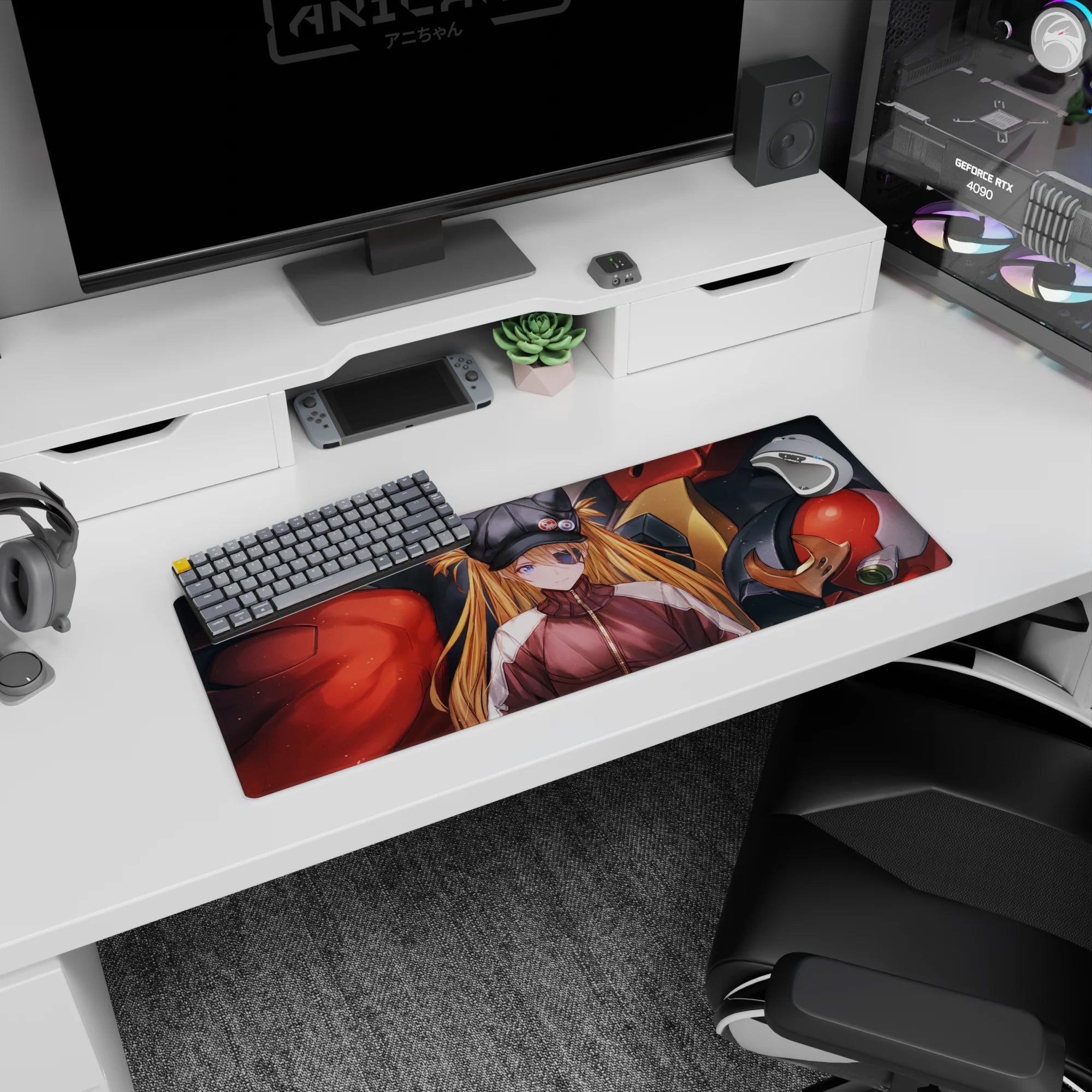 Asuka Langley anime mouse pad, 32x12 inches, featuring her bold look with eyepatch and EVA Unit-02, perfect for Evangelion fans.