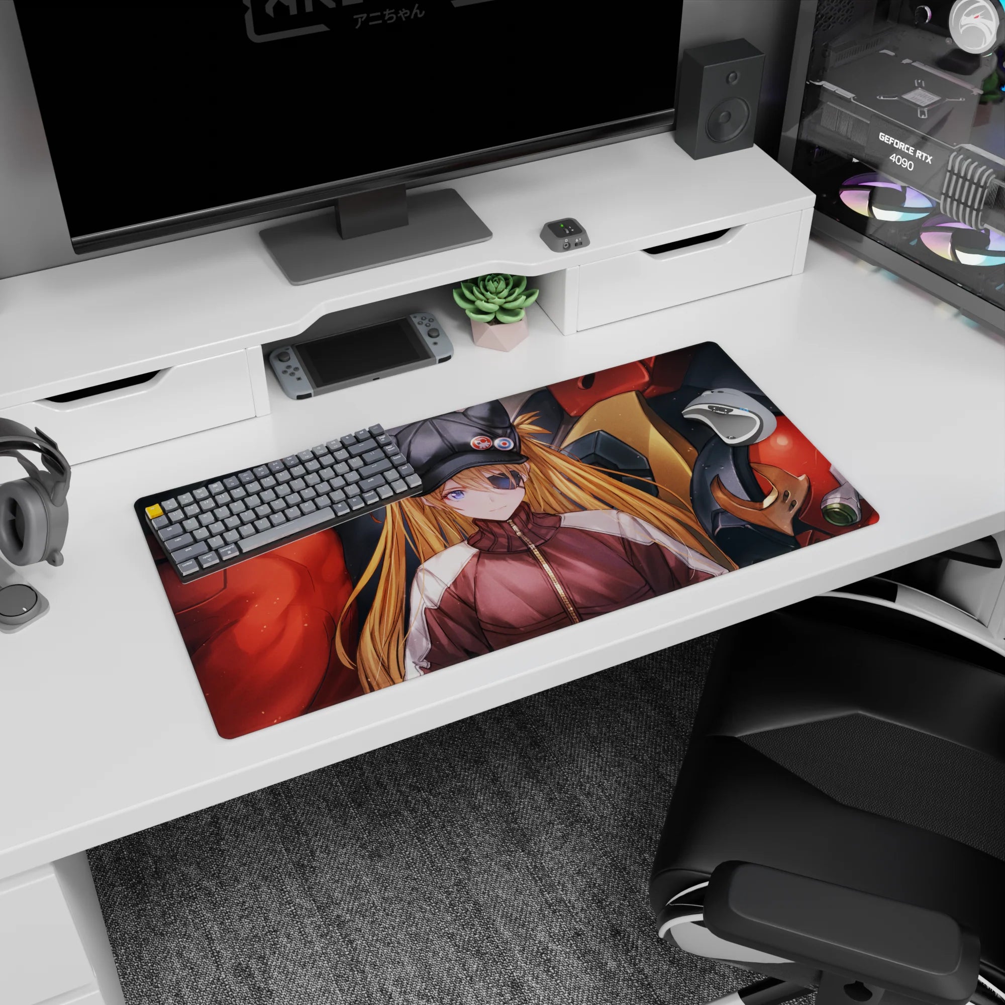 Anime mouse pad 32x16 inches featuring Asuka Langley and EVA Unit-02 from Evangelion, with bold reds and purples.