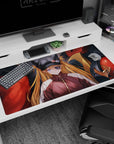 Anime mouse pad 40x20 inches featuring Asuka Langley from Evangelion with EVA Unit-02, deep reds and muted purples.