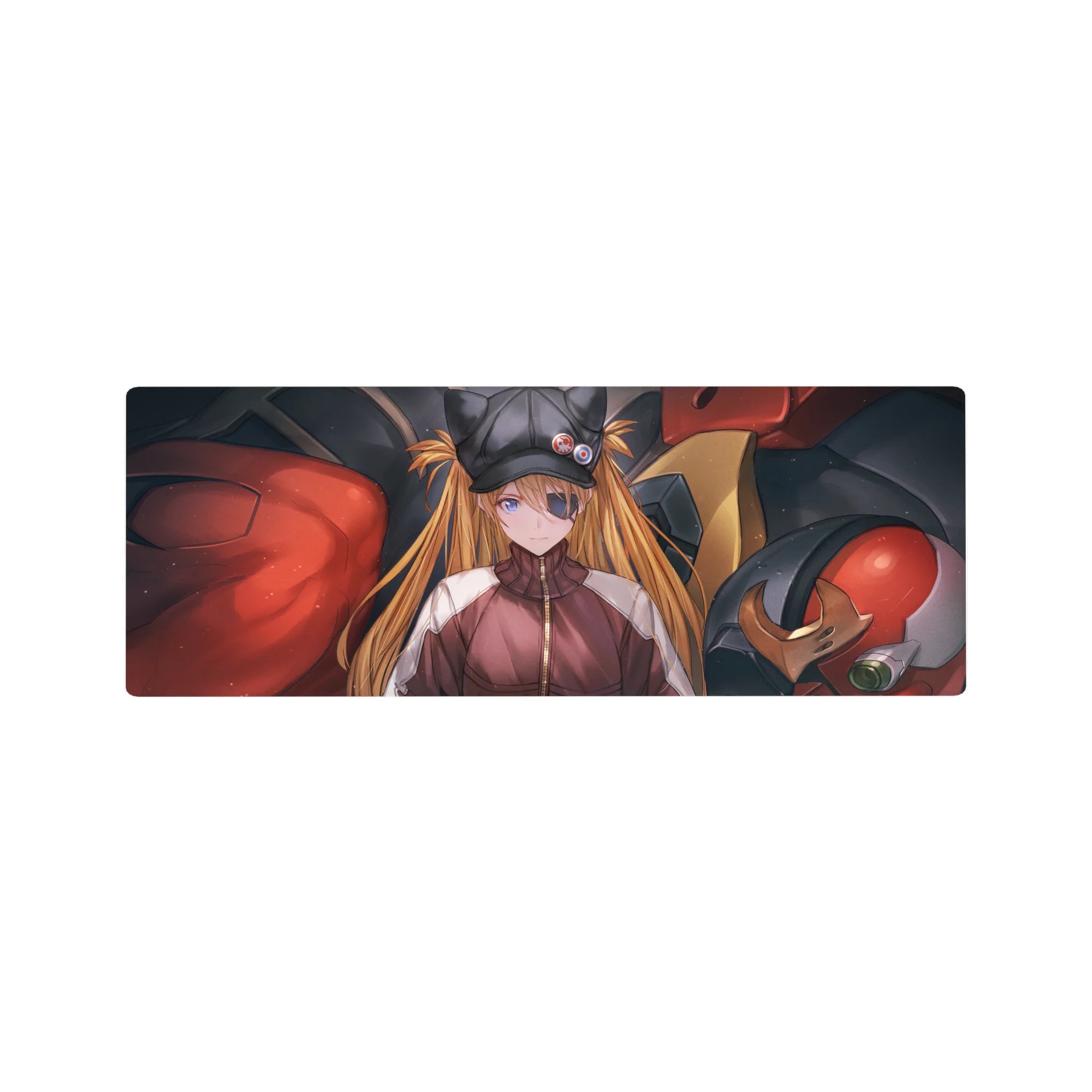 Anime mouse pad 32x12 inches featuring Asuka Langley with eyepatch and EVA Unit-02 from Evangelion, vibrant colors.