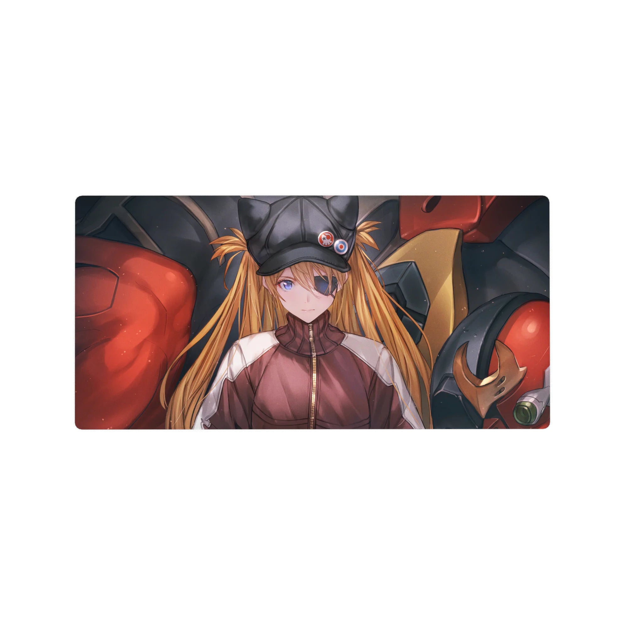 Anime mouse pad featuring Asuka Langley with eyepatch and EVA Unit-02 design, sized 32x16 inches, perfect for Evangelion fans.