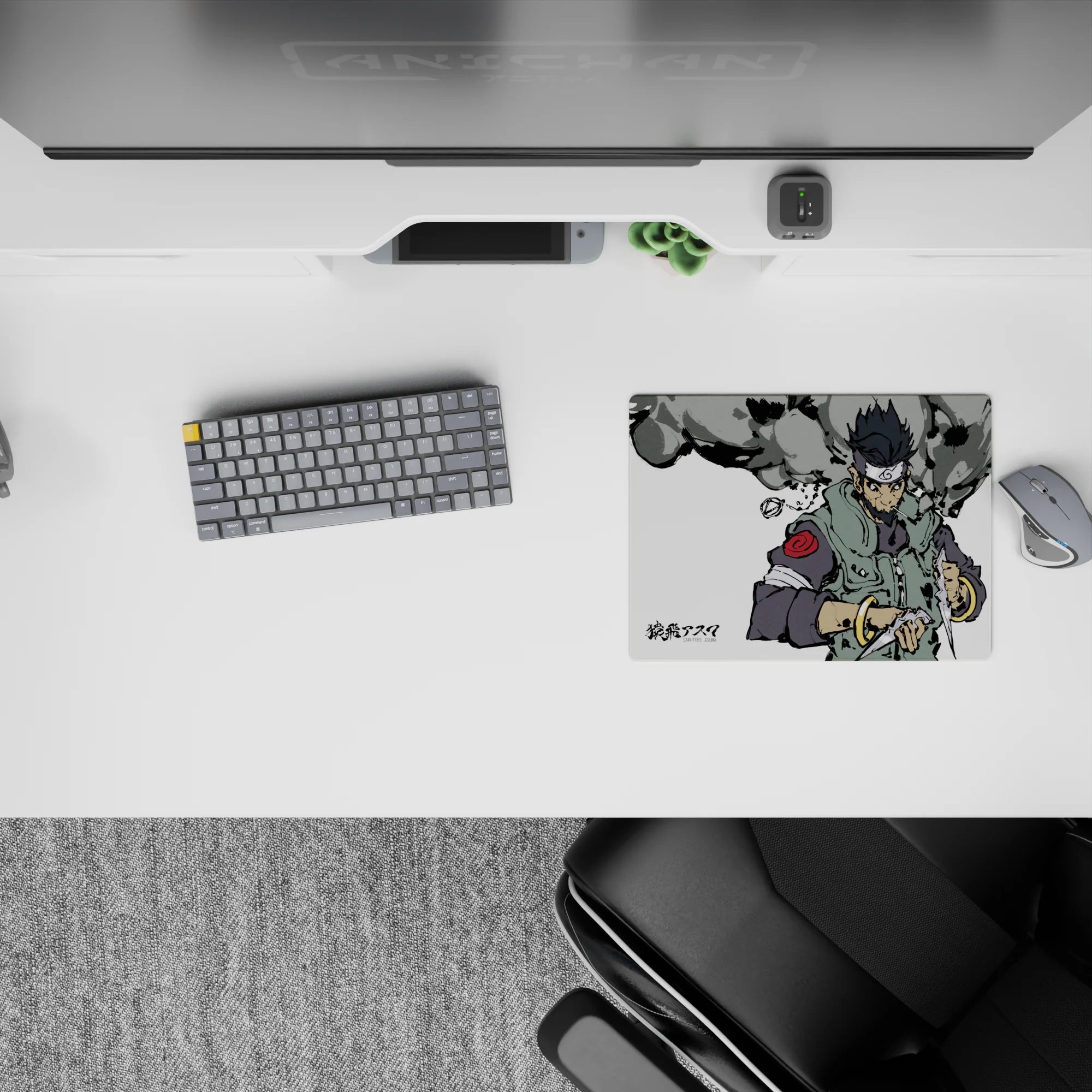 Classic 14x10 inch mouse pad featuring Sarutobi Asuma from Naruto; grunge-style with green and gray tones, twin trench knives.