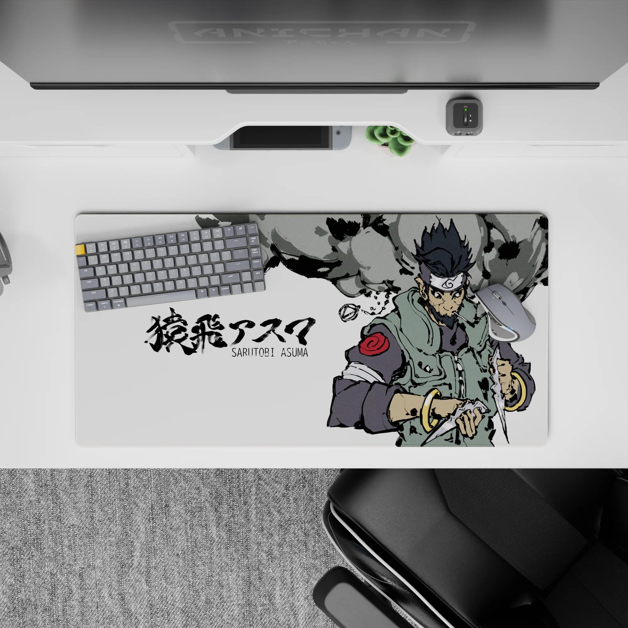 Naruto anime mouse pad 32x16 inches featuring Sarutobi Asuma with grunge-style textures and swirling cloud design.