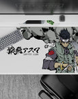 Desk pad featuring Sarutobi Asuma from Naruto, 40x20 inches, with grunge-style ink textures and twin trench knives.